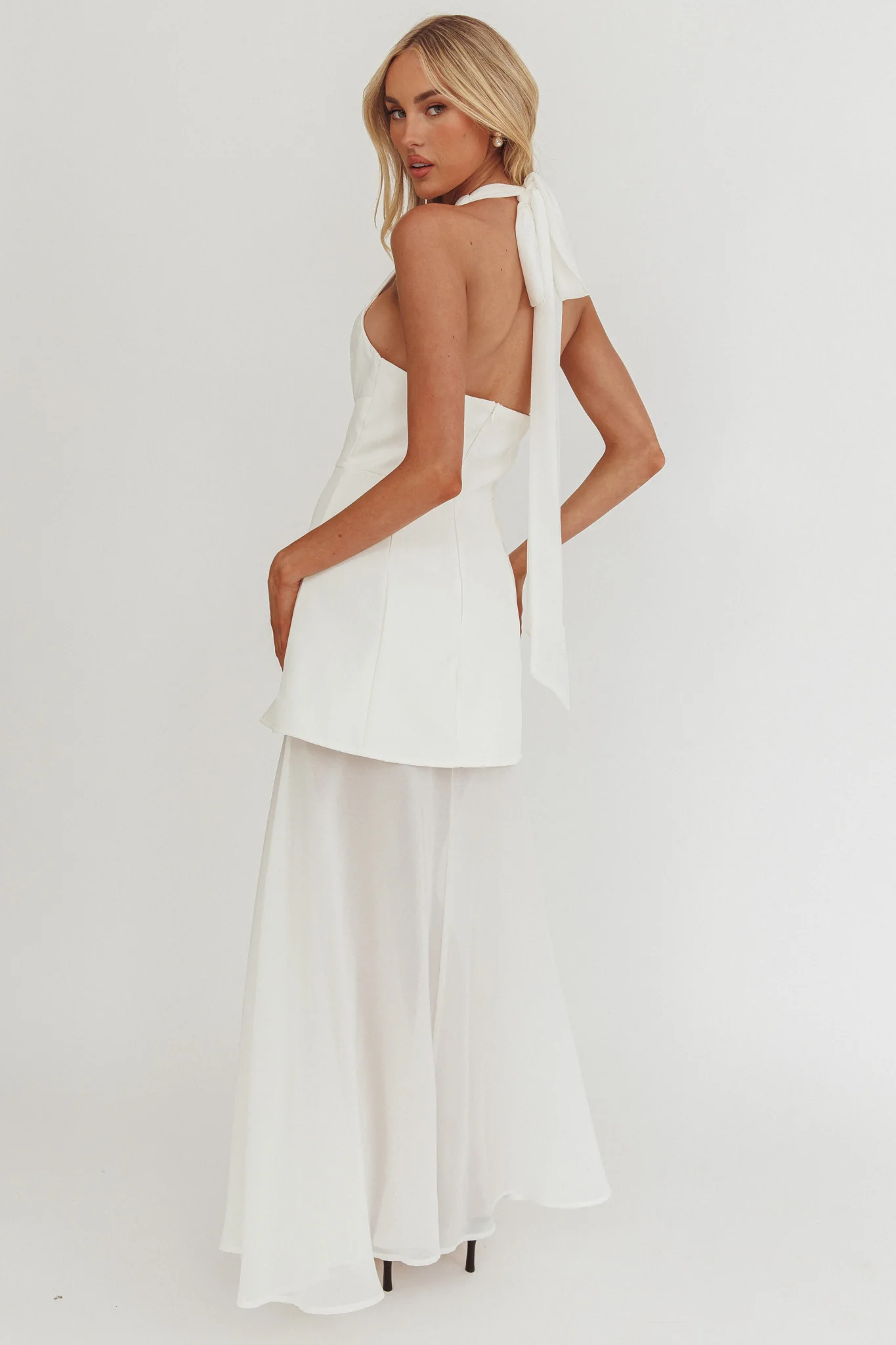 Opulent Halterneck Layered Maxi Dress White - Ruaus