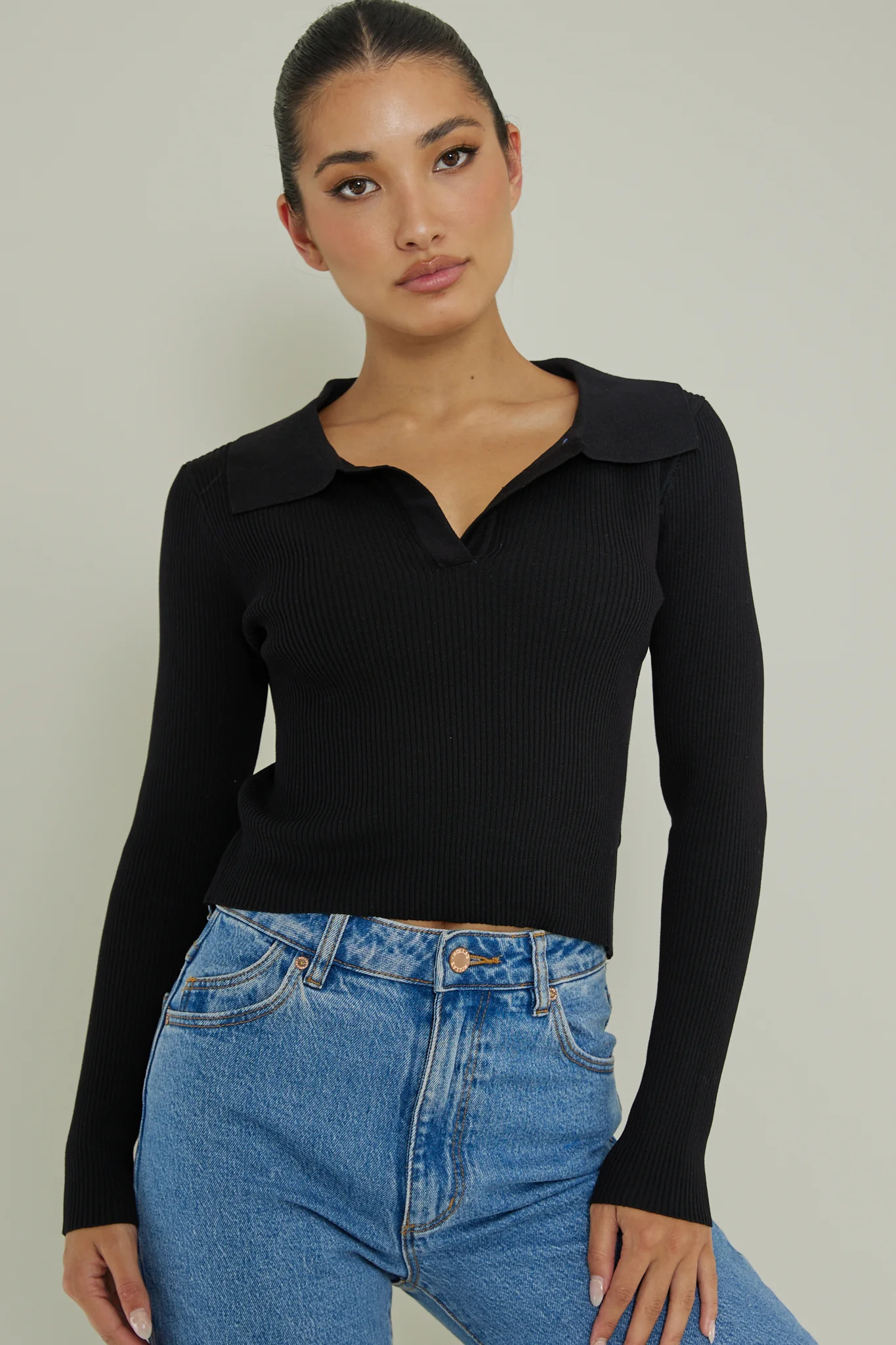 Lake Days Collared Knit Top Black - Ruaus