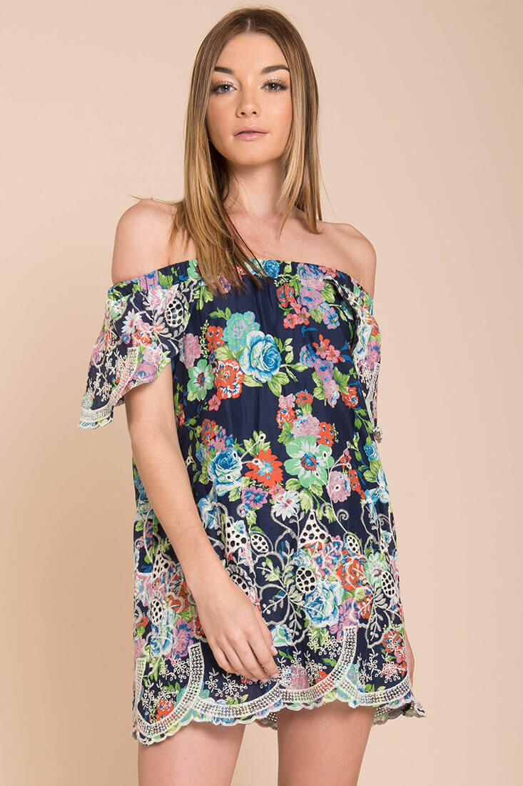 Bryden Open Shoulder Dress Navy - Ruaus