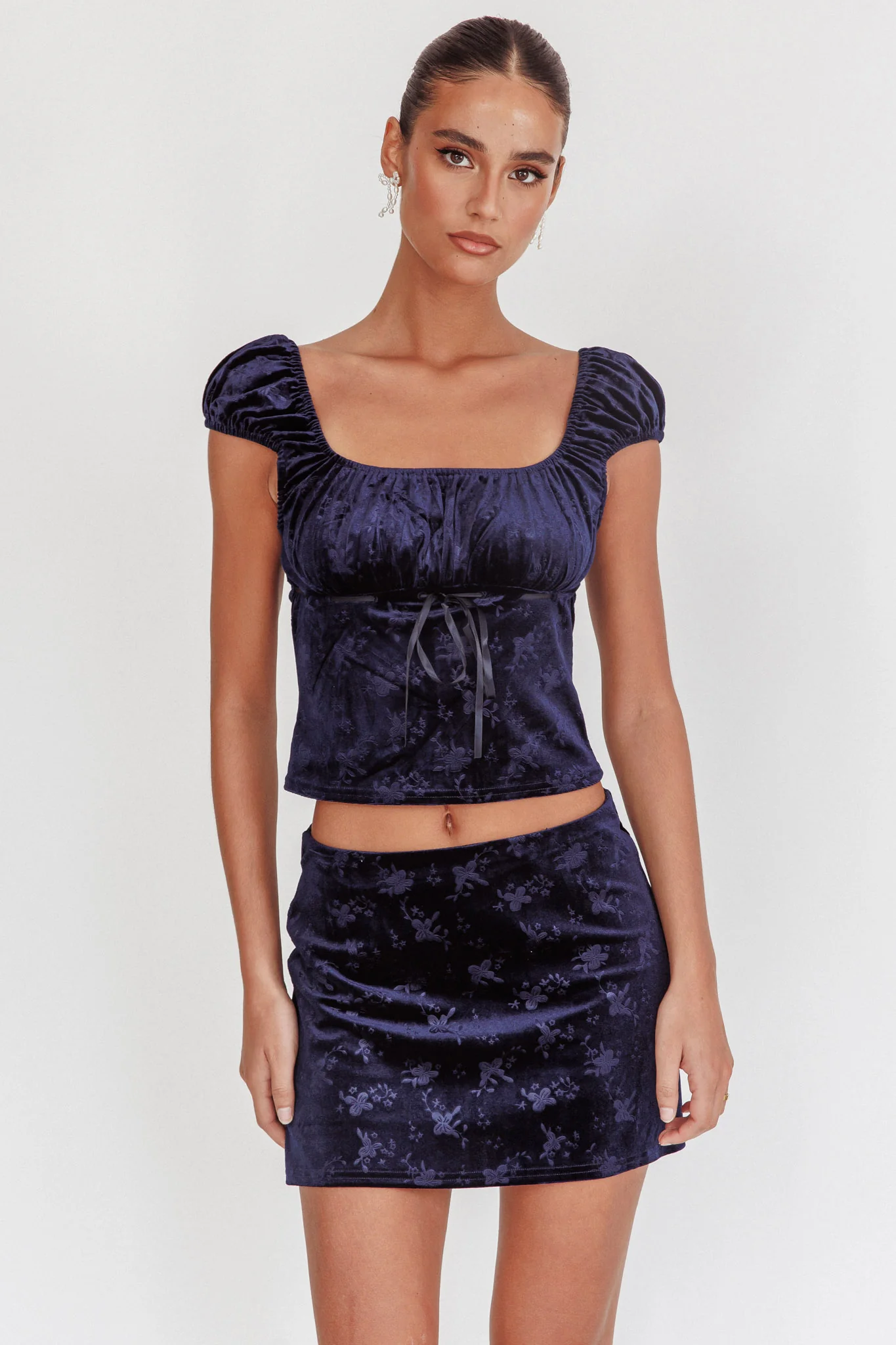 Good Luck Ribbon Trim Velvet Top Navy - Ruaus
