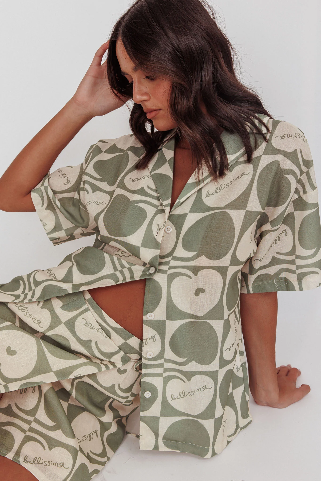 Ithaca Cherry Print Short Sleeve Shirt Sage Beige - Ruaus