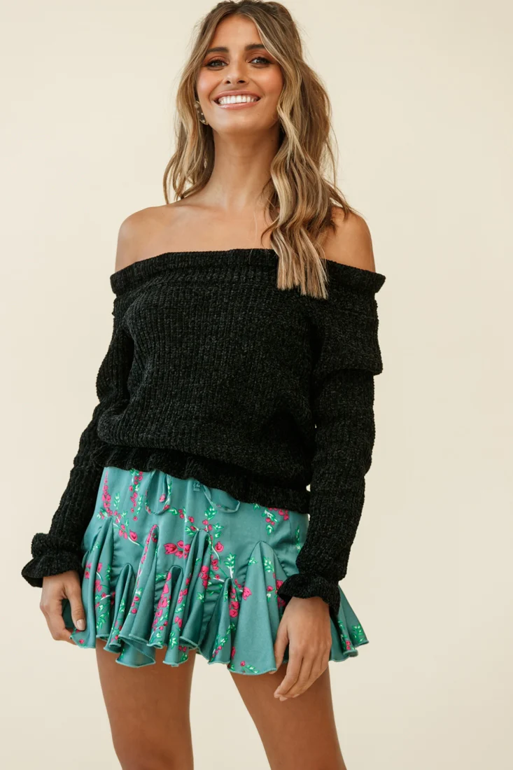 Mackenzie Off-Shoulder Long Sleeve Knit Top Black - Ruaus