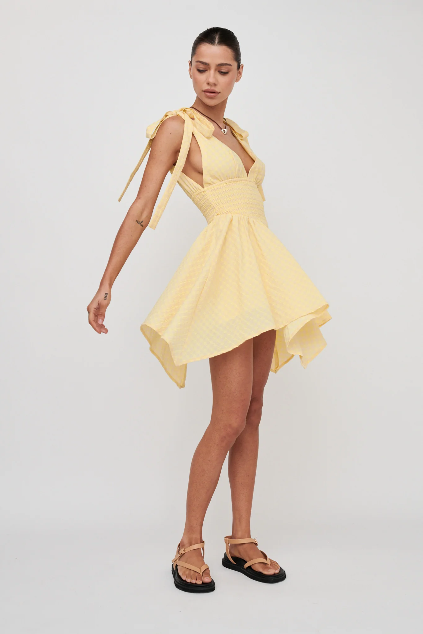 Lido Tied Shoulder Shirred Romper Lemon - Ruaus