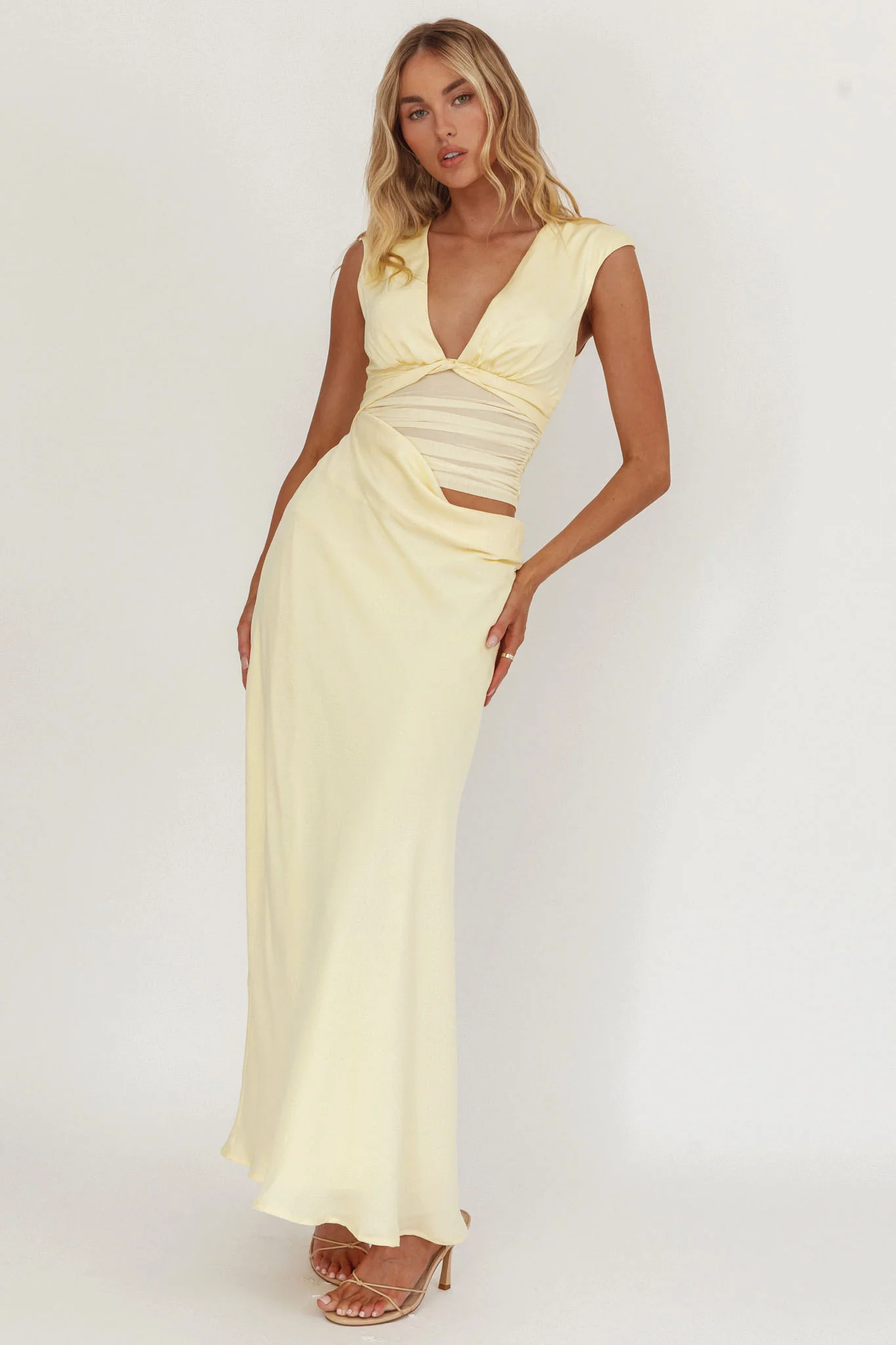 Sun Gaze Sheer Ruched Waist Maxi Dress Butter - Ruaus