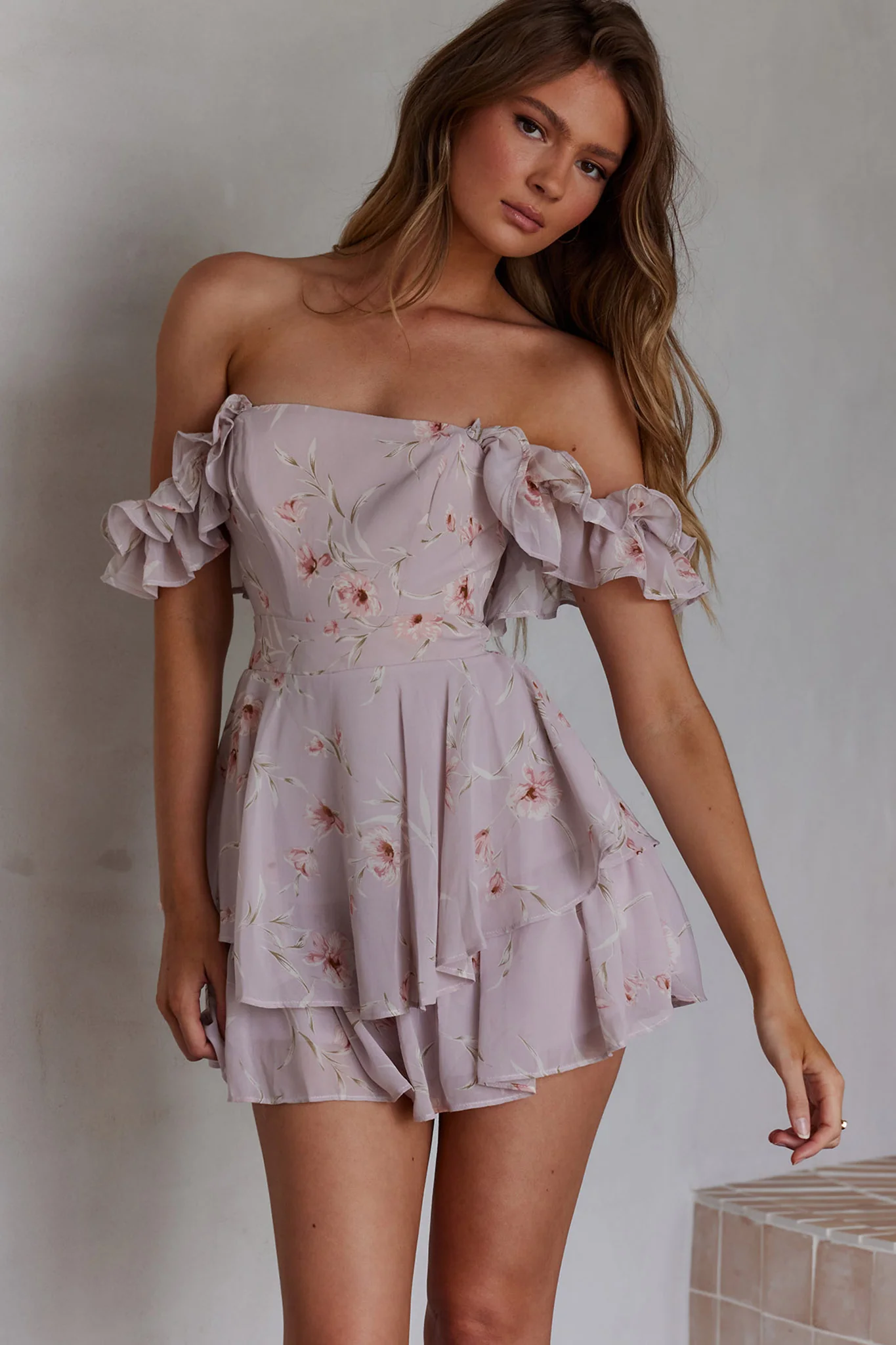 Verona Off-Shoulder Romper Floral Print Pink - Ruaus
