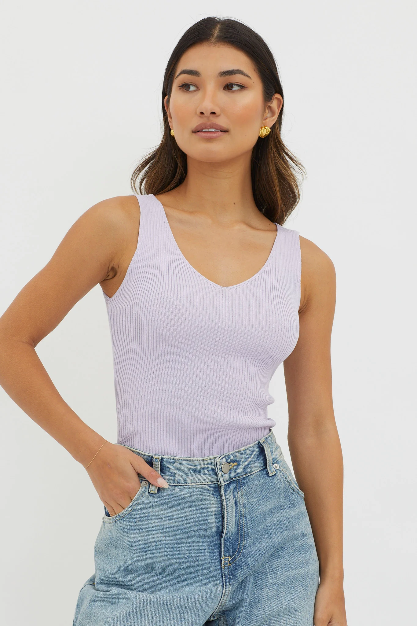 Off-Duty V-Neck Ribbed Knit Top Lilac - Ruaus
