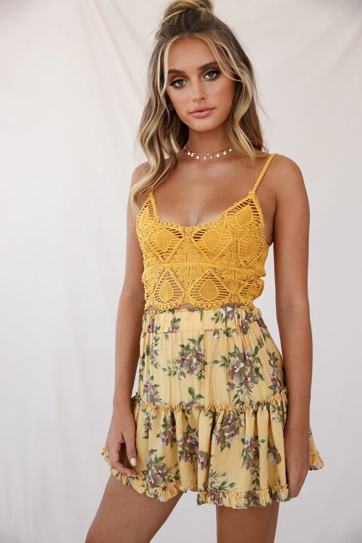 Alexi Floral Mini Skirt Mustard Print - Ruaus