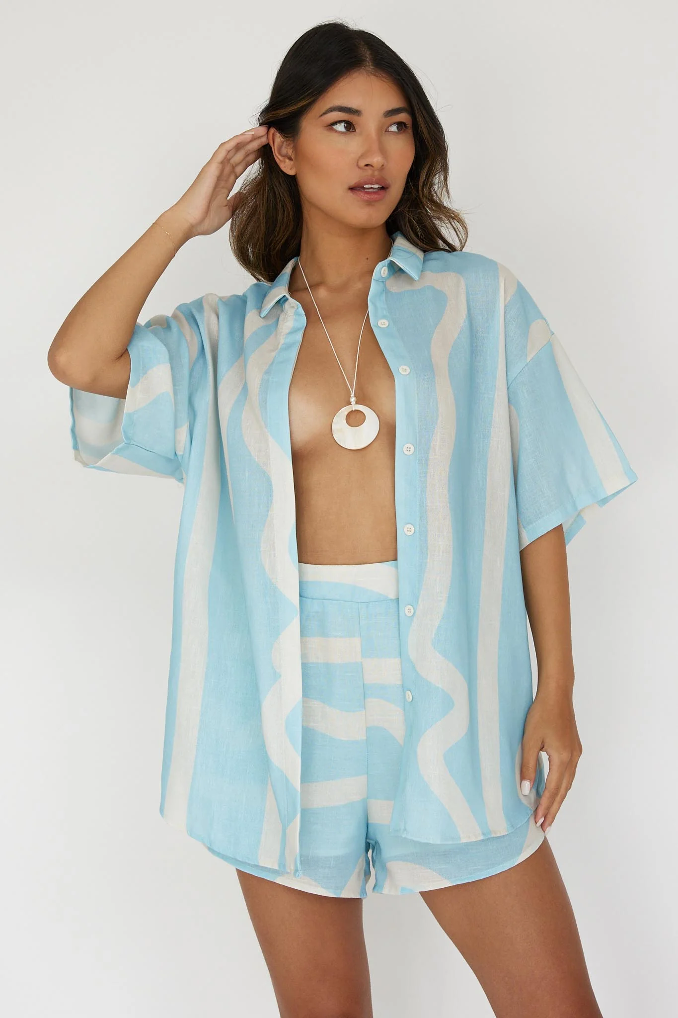 Cora Button-Up Shirt Print Baby Blue - Ruaus
