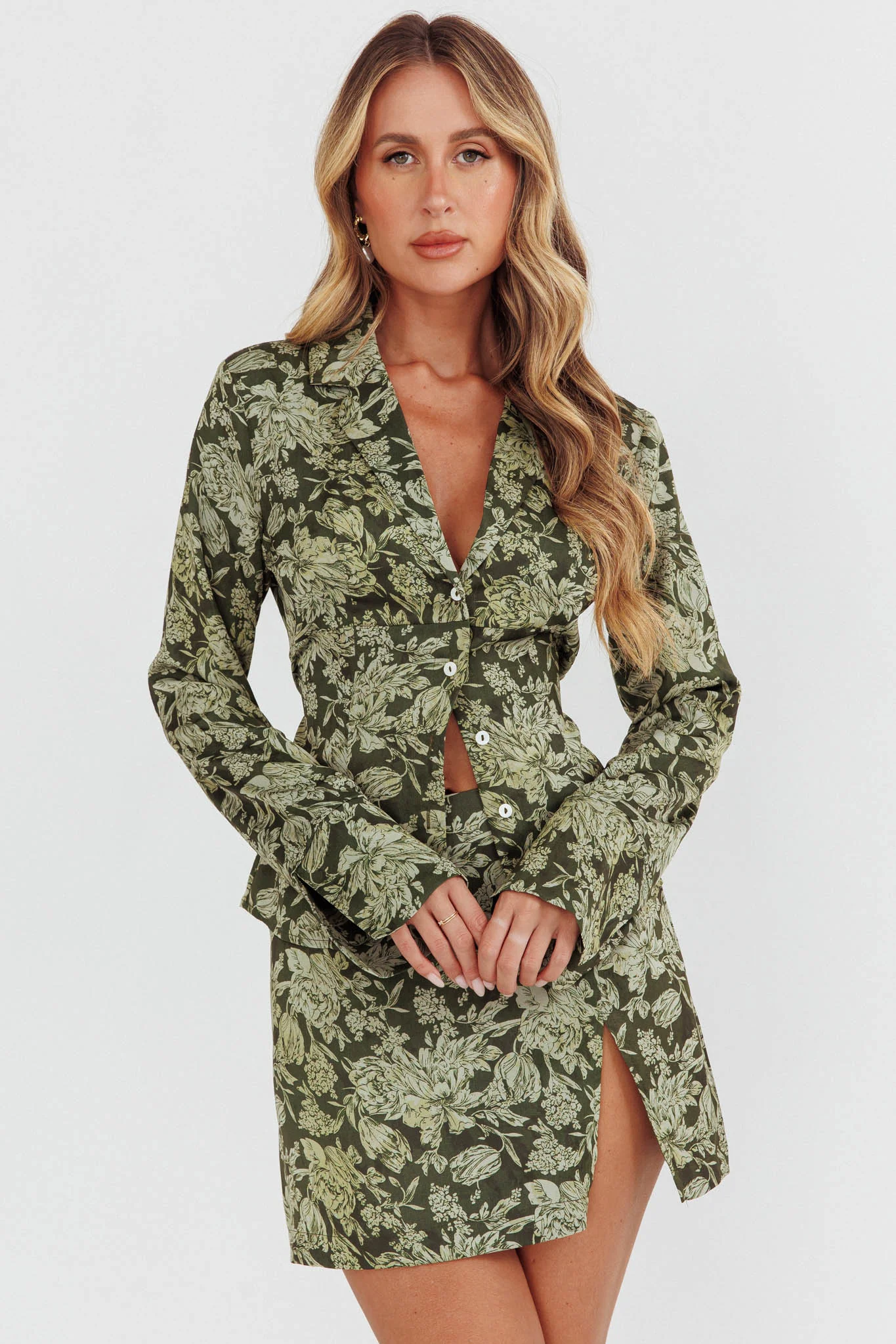 Caledonia Collared Button-Up Satin Shirt Floral Olive - Ruaus