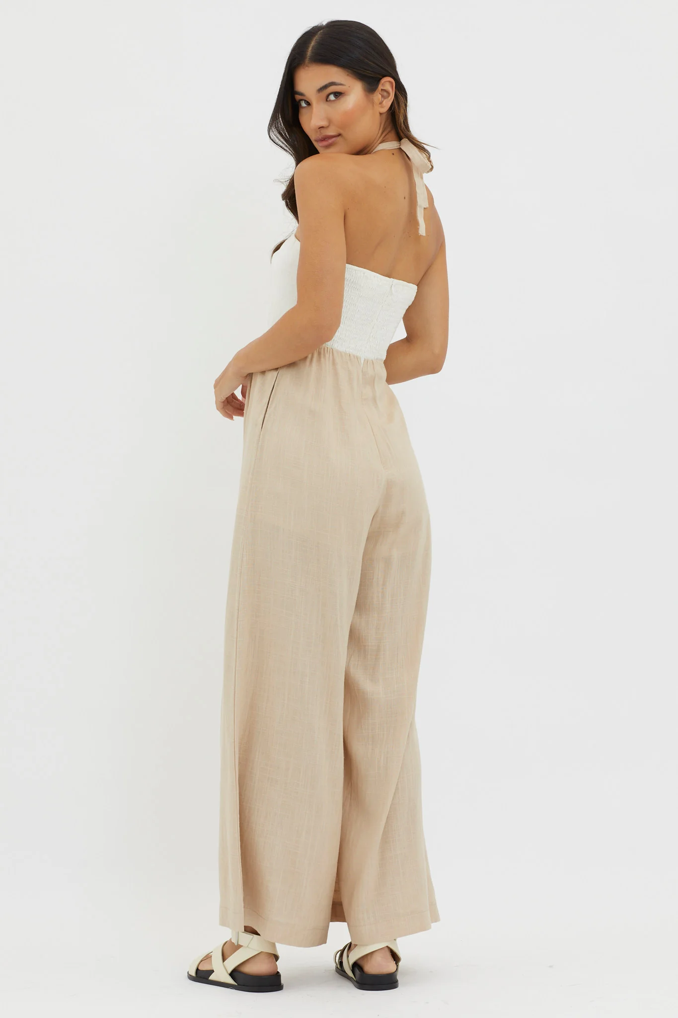 Maryn Wide Leg Halterneck Jumpsuit Beige - Ruaus