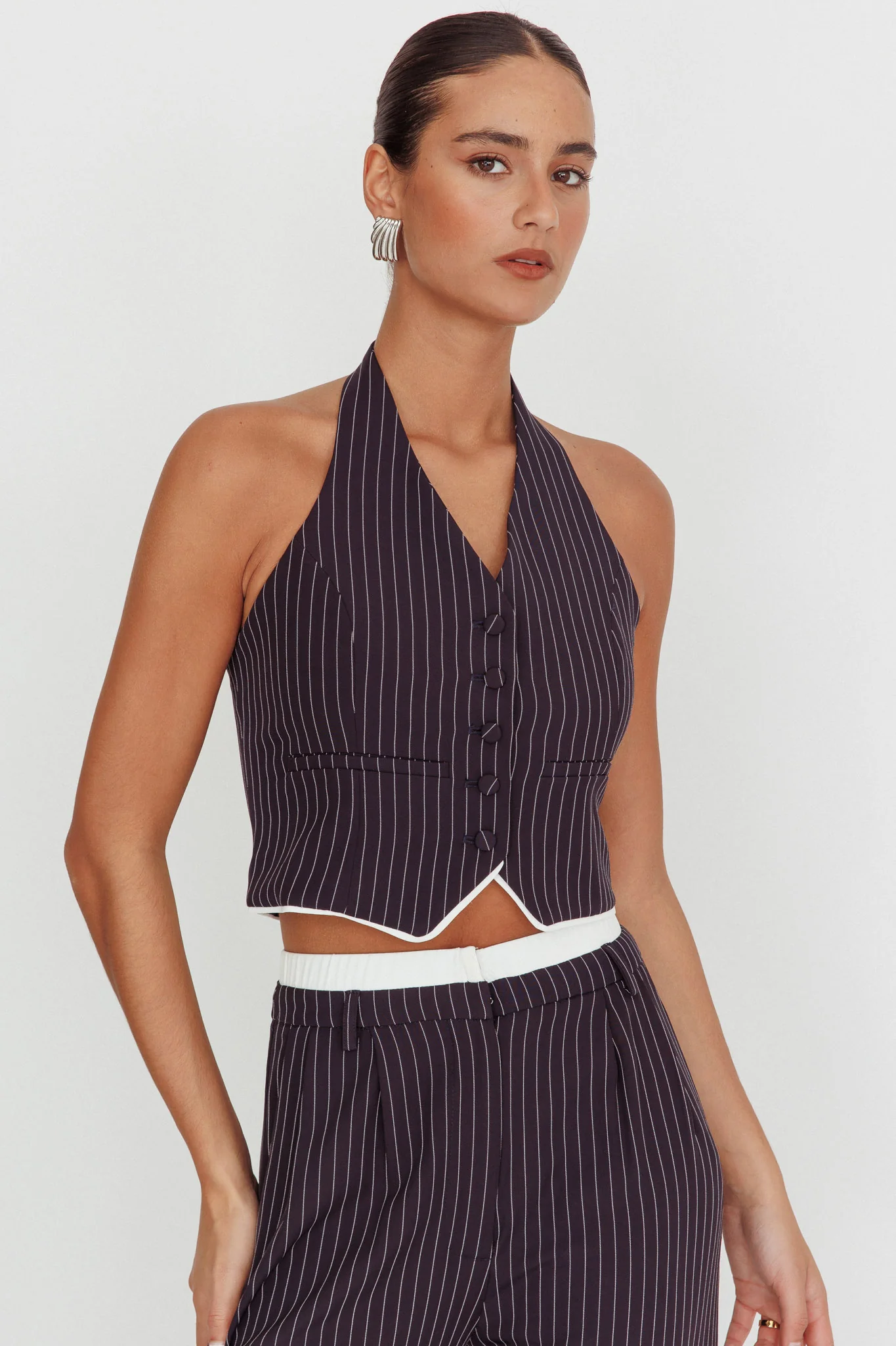 Lilija Pinstripe Halter Neck Vest Navy - Ruaus
