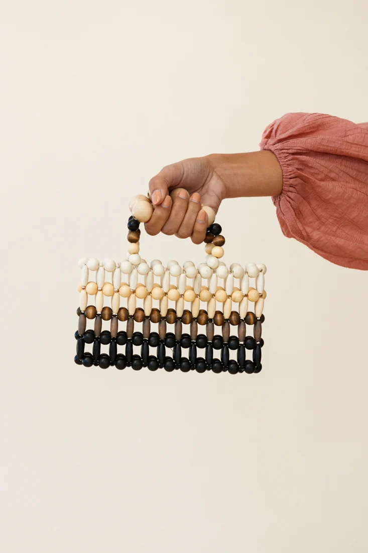 Dawn Woven Wood Bead Purse Brown Multi - Ruaus