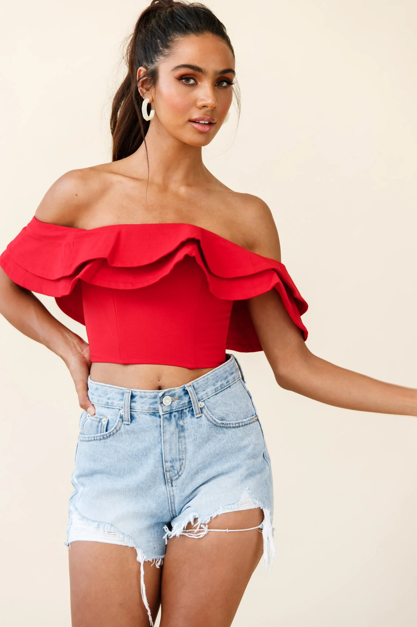 Missy Layered Ruffle Bardot Top Red - Ruaus