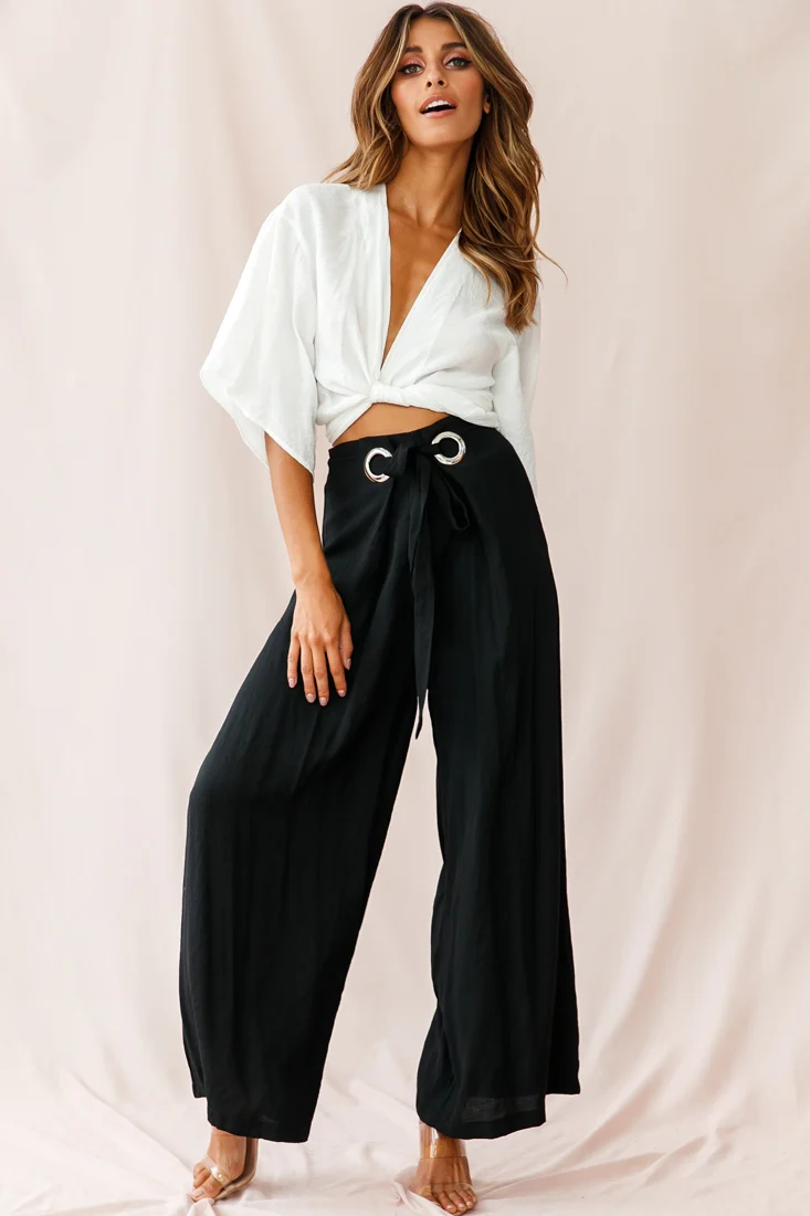 Saigon Wide Leg Eyelet Pants Black - Ruaus