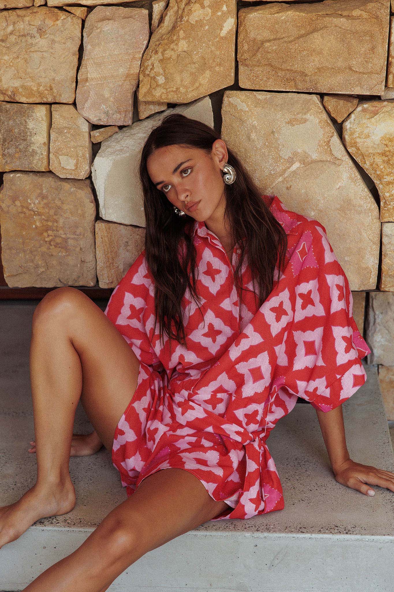 Daytona Beach Button-Up Romper Print Pink - Ruaus