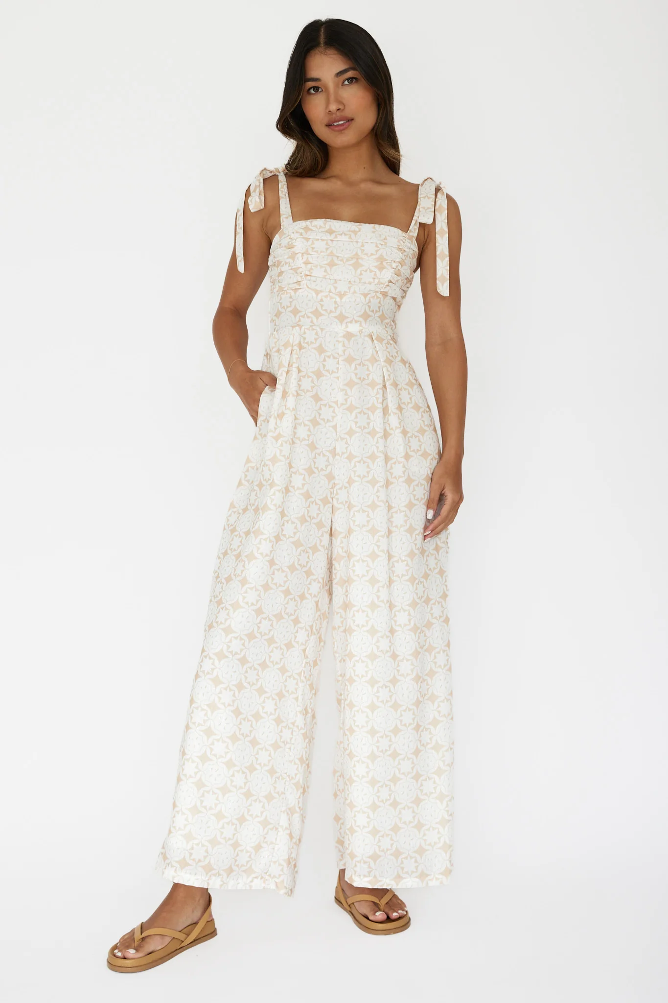 Kersty Tied Shoulder Jumpsuit Beige - Ruaus