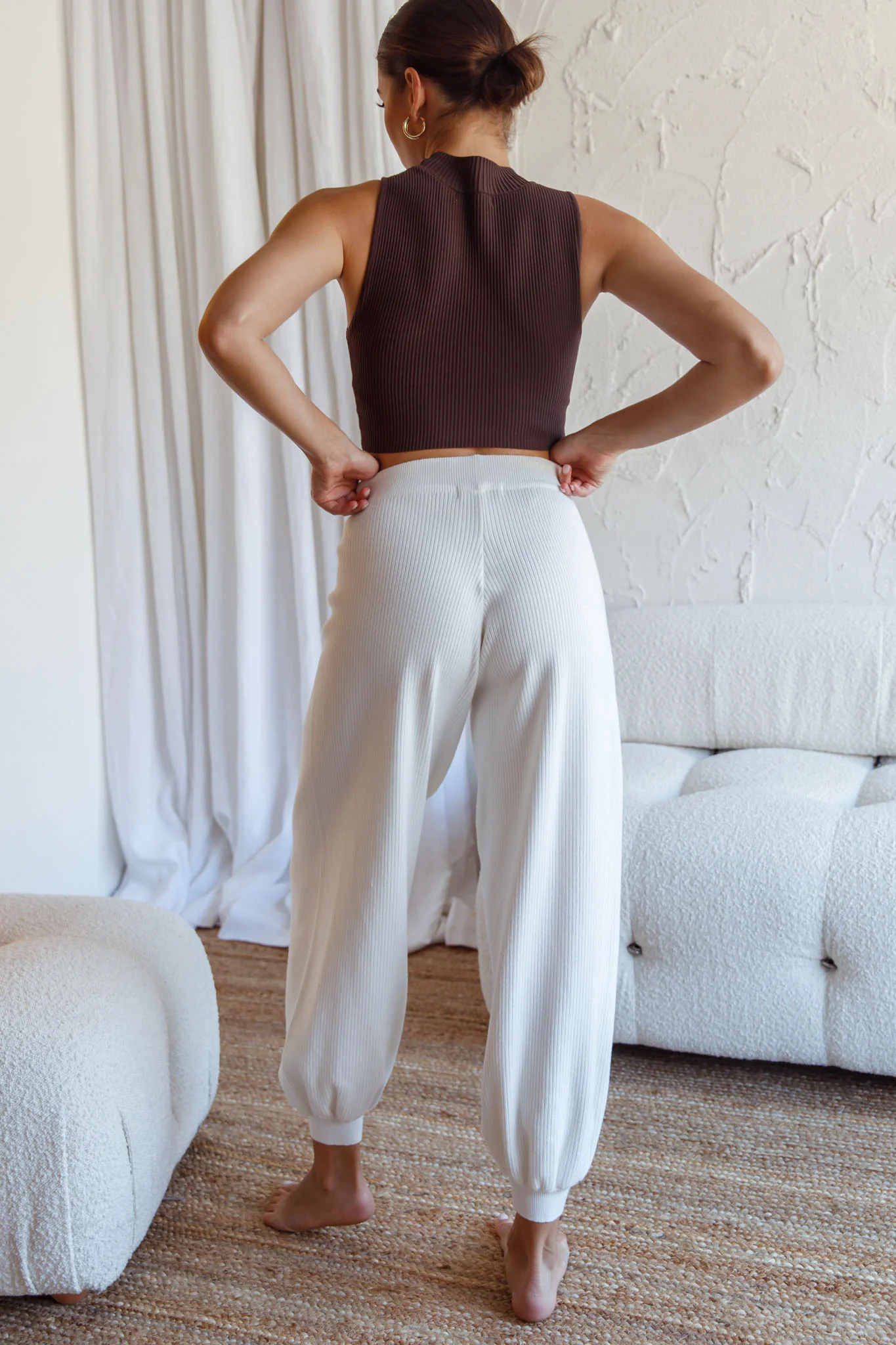 New Soul Drawstring Ribbed Knit Jogger Pants White - Ruaus