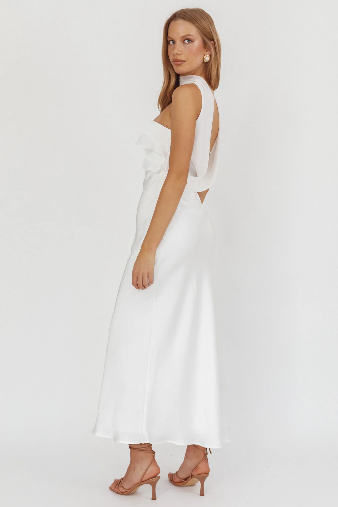 Damsel Reverse Halter Frill Trim Maxi Dress White - Ruaus