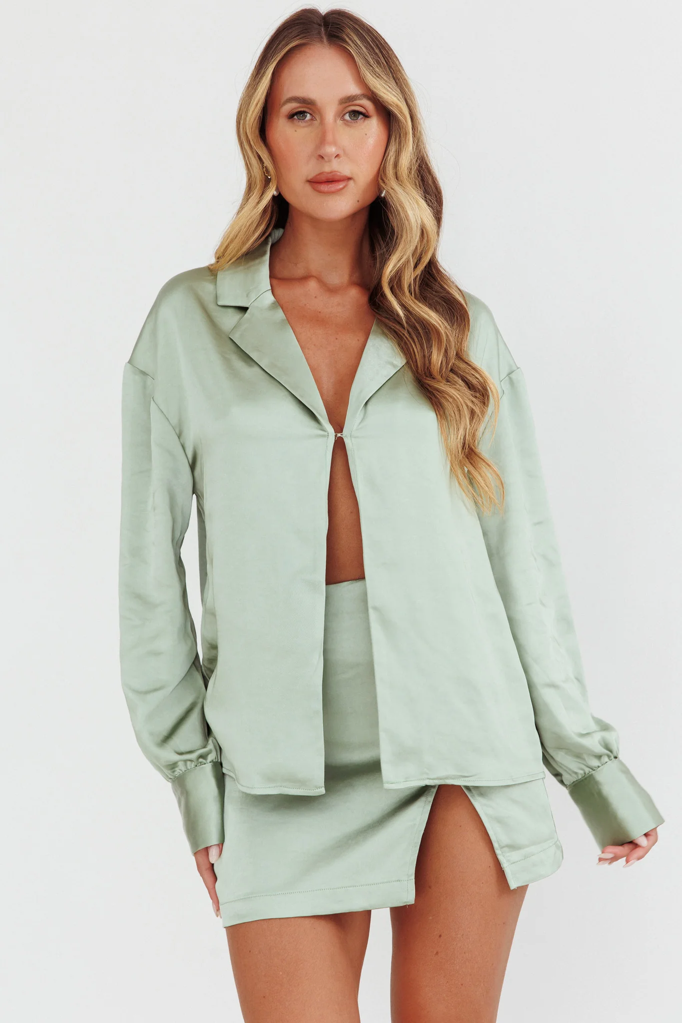 Coco Long Sleeve Satin Shirt Sage - Ruaus
