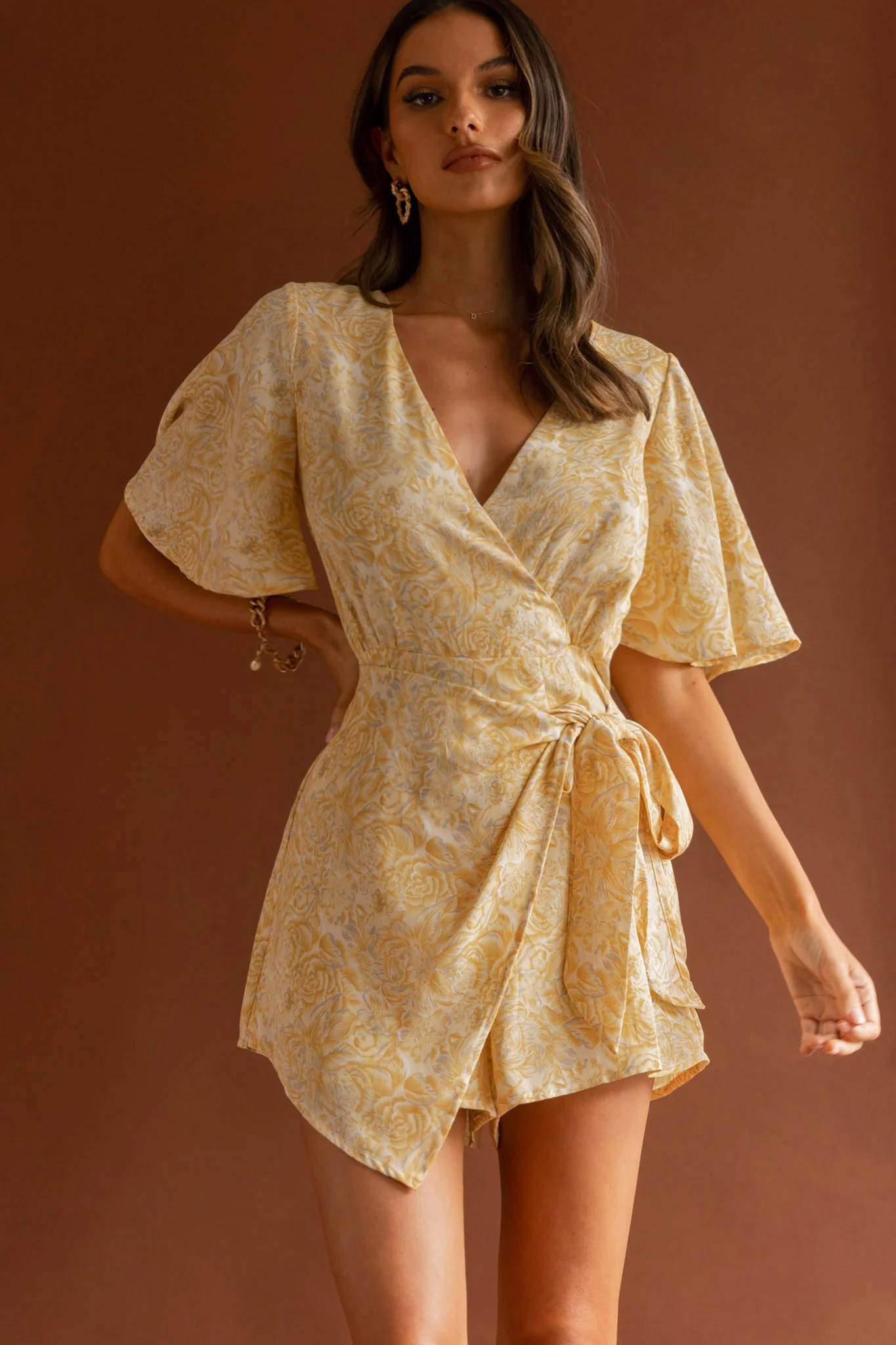 Nadi V-Neckline Wrap Romper Rose Flower Print Yellow - Ruaus