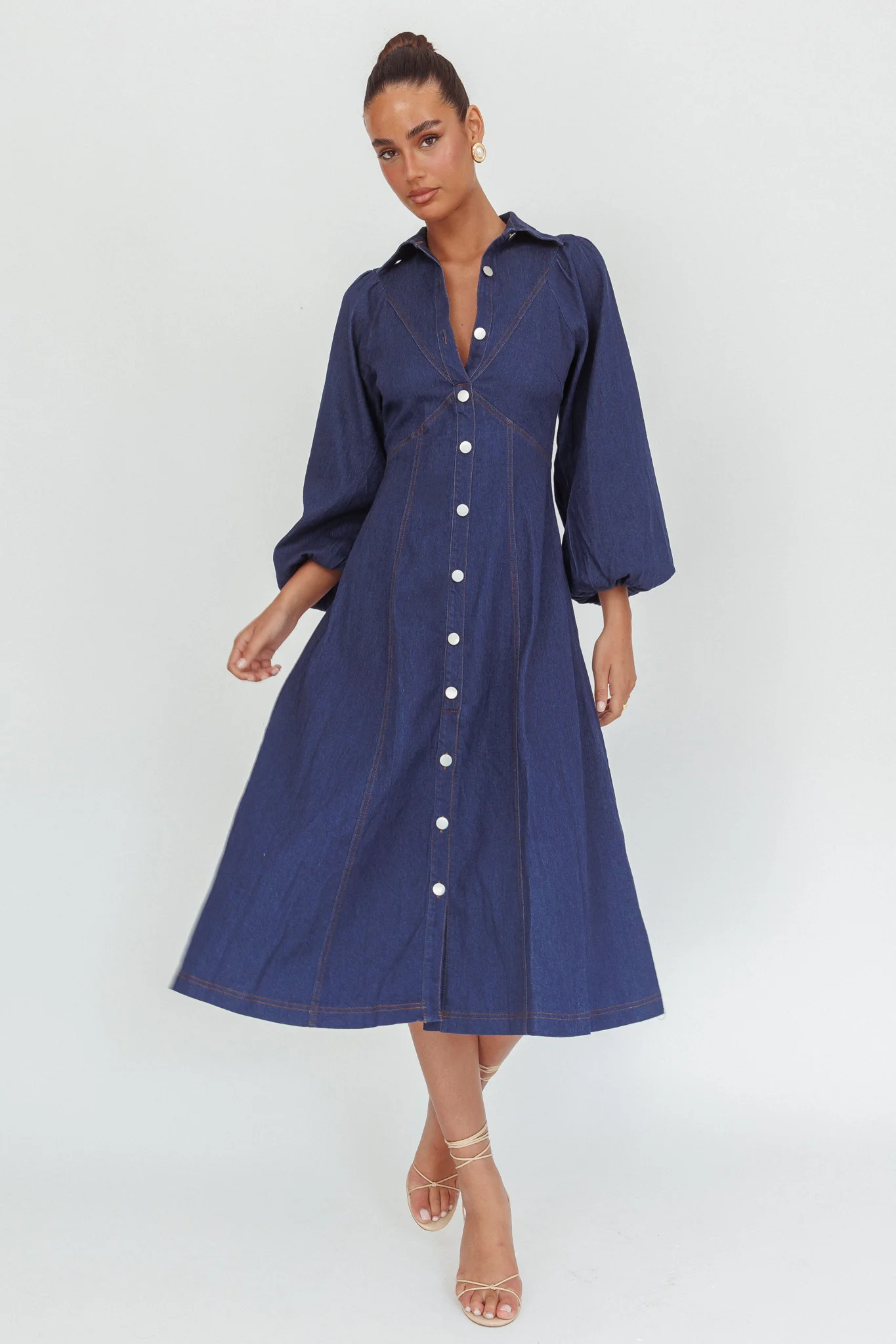 Ania Long Balloon Style Midi Dress Dark Denim - Ruaus