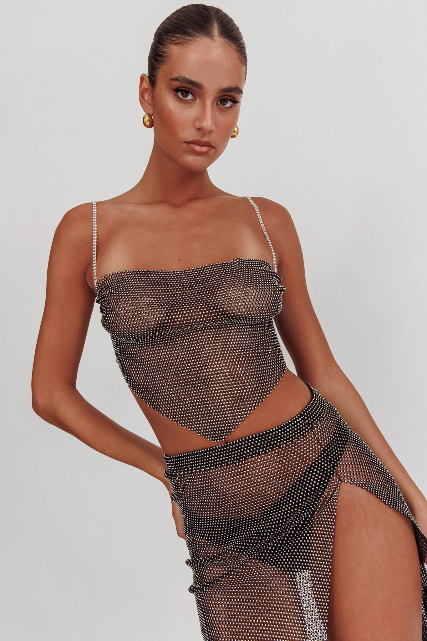 Eden Nights Diamante Mesh Top Black - Ruaus