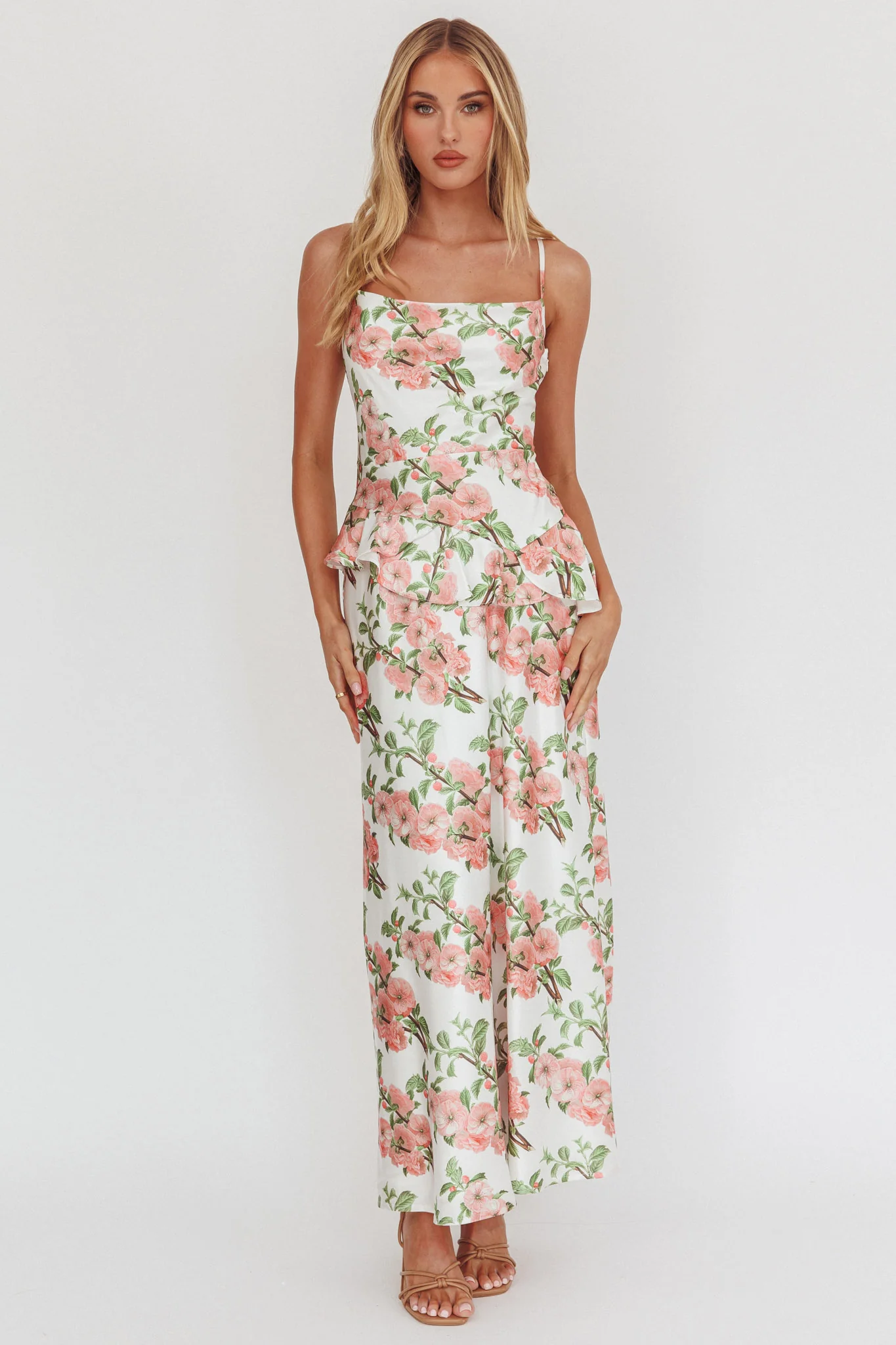 Jerica Ruffle Waist Maxi Dress Floral Blush - Ruaus