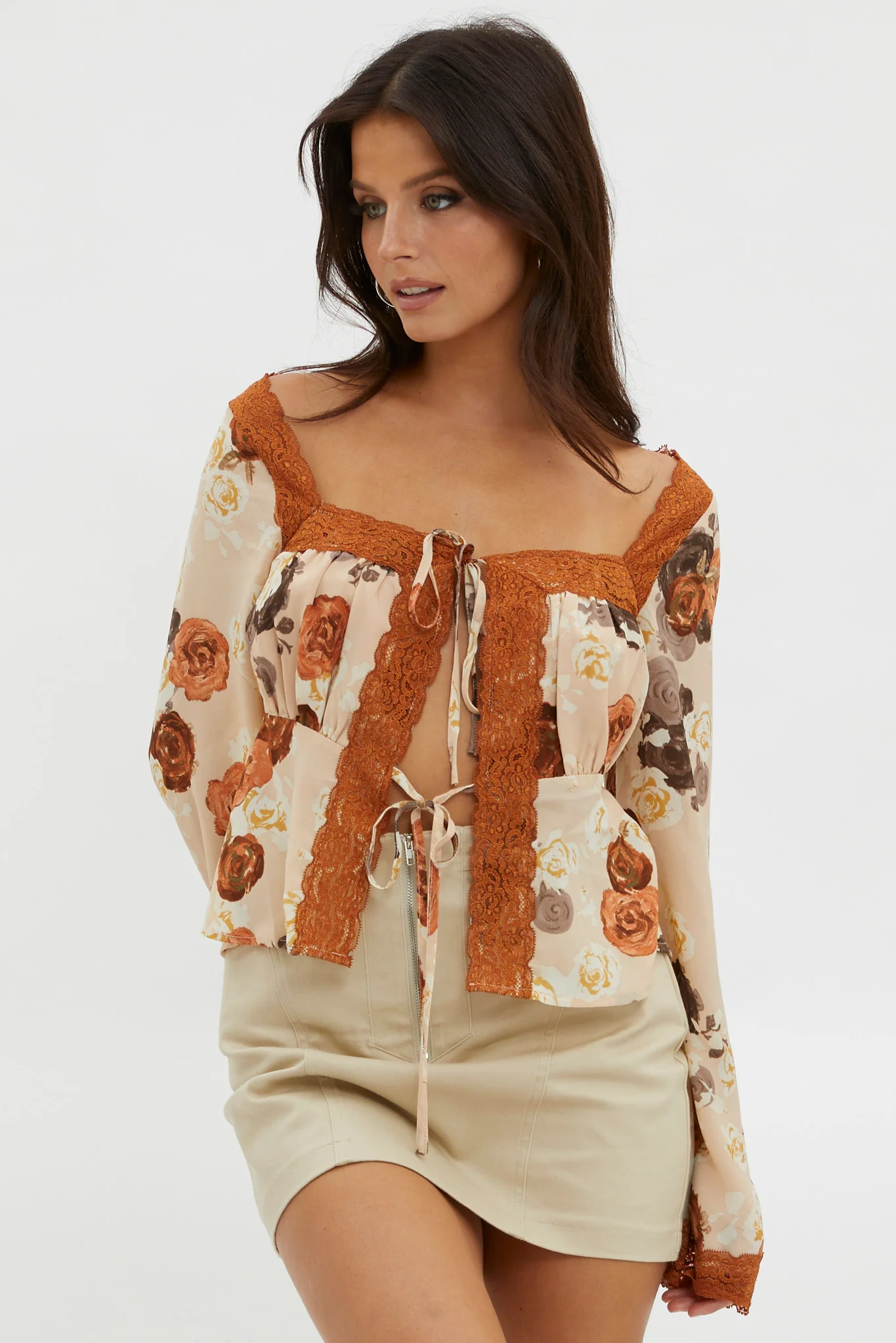 Moxie Tie Front Lace Trim Top Brown - Ruaus