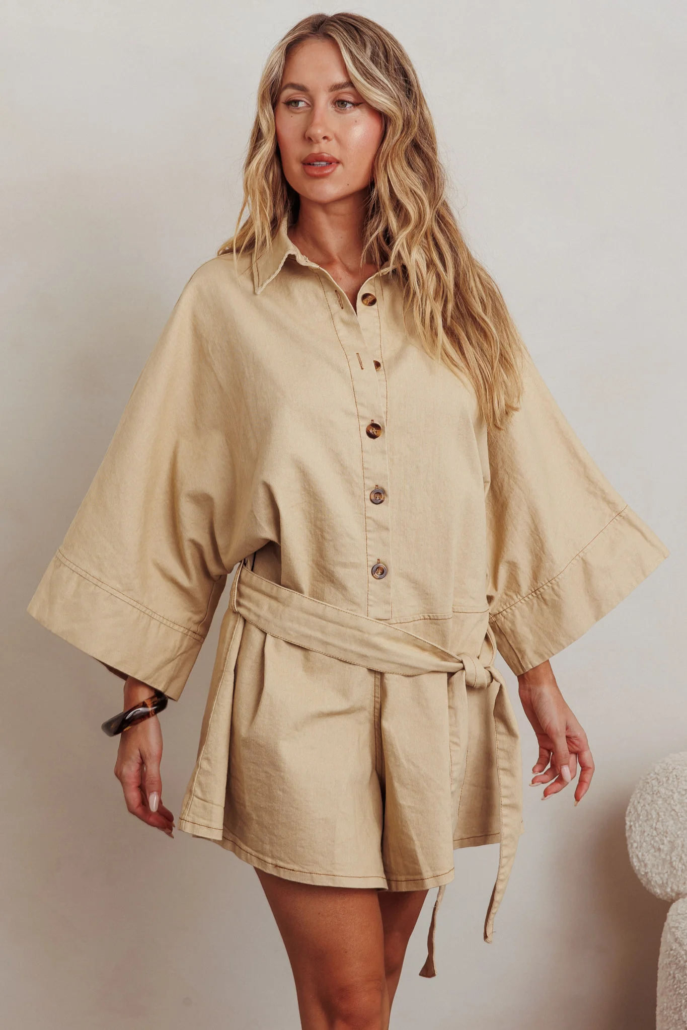 Daytona Beach Button-Up Romper Beige - Ruaus