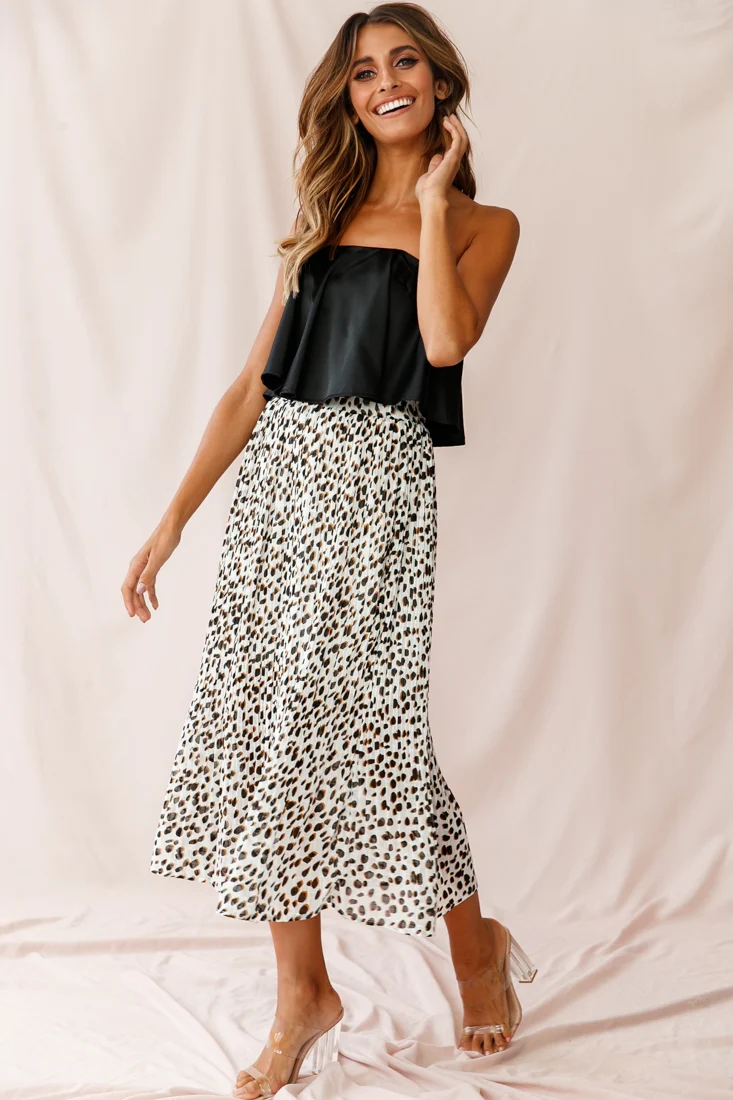 Caroline Accordion Pleat Midi Skirt Animal Print White - Ruaus
