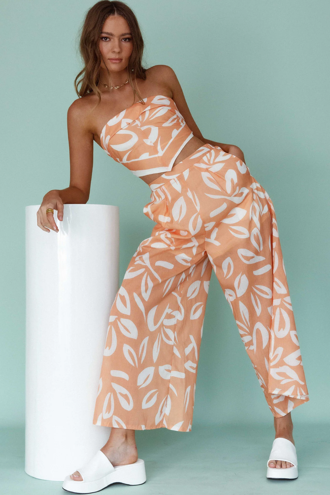 Randi Wide Leg Pants Leaf Print Mango - Ruaus