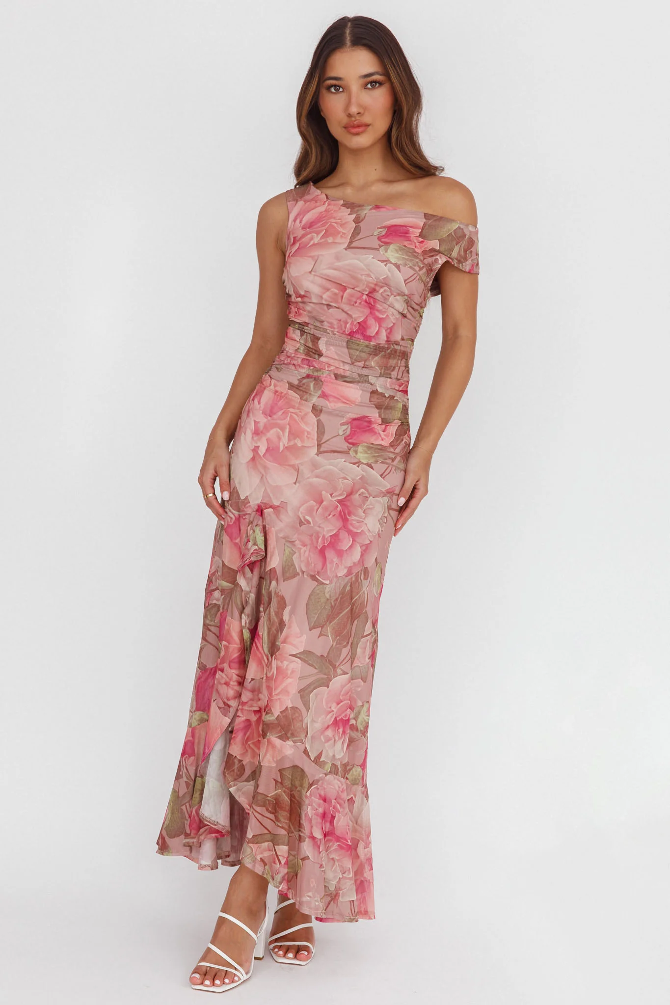 Moonlit Magic Asymmetric Neckline Maxi Dress Floral Blush - Ruaus