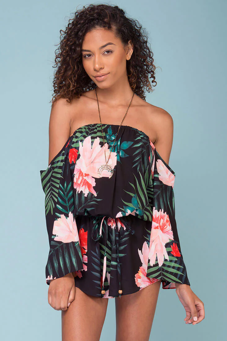 Alyssa Floral Off The Shoulder Romper Black - Ruaus