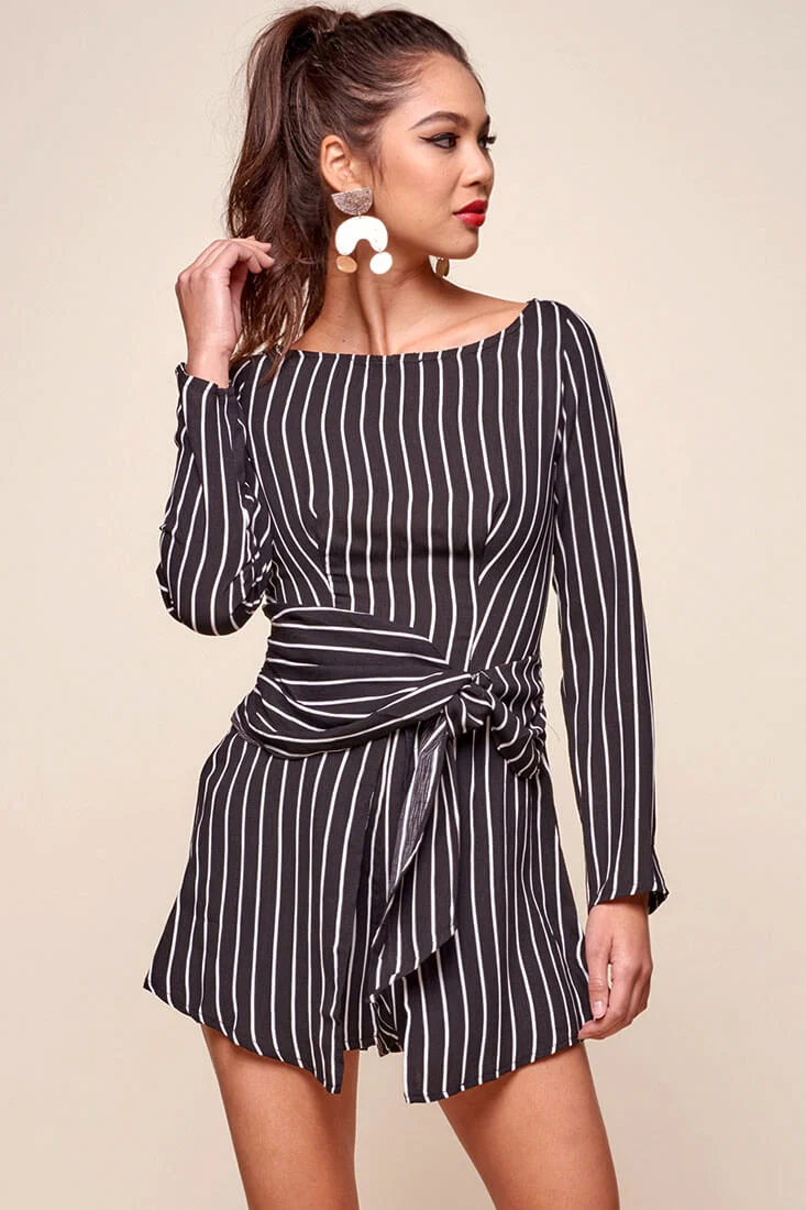 Abbey Waist Tie Pinstripe Romper Black & White - Ruaus