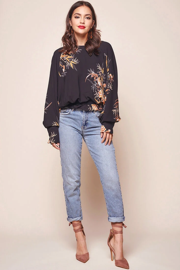 Alejandra Floral Print Bat Sleeve Top Black - Ruaus