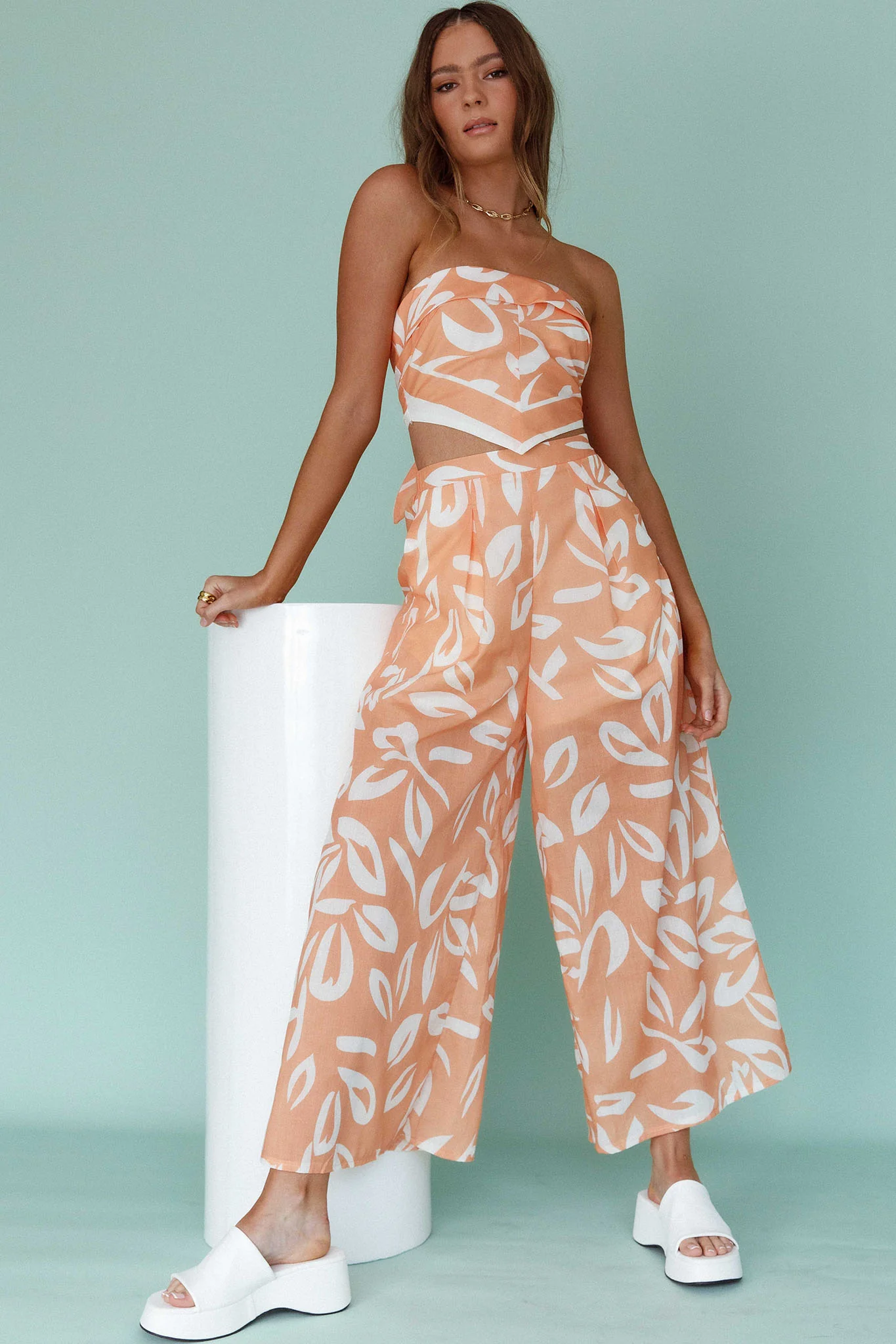 Randi Wide Leg Pants Leaf Print Mango - Ruaus