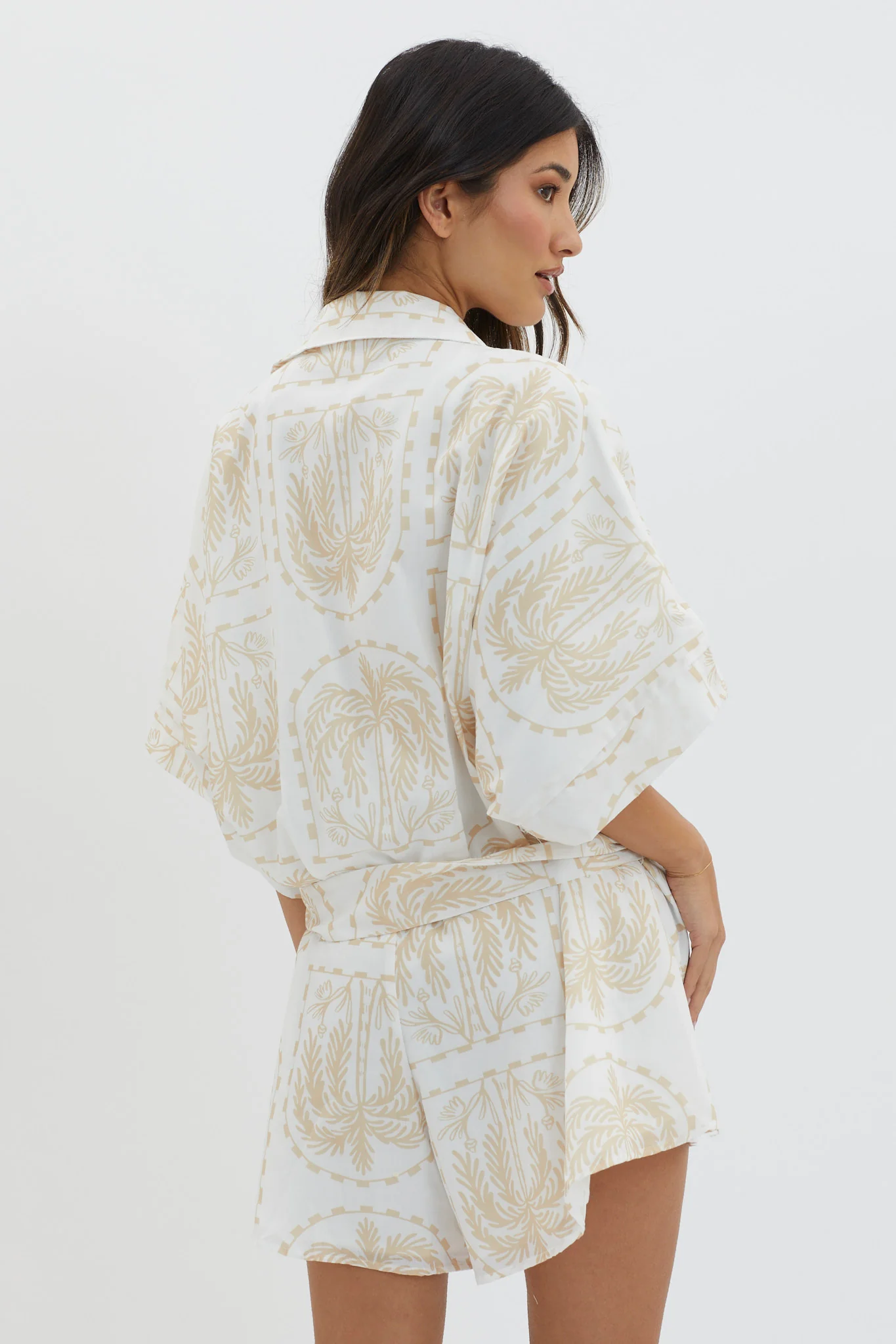 Daytona Beach Button-Up Romper Print Beige - Ruaus