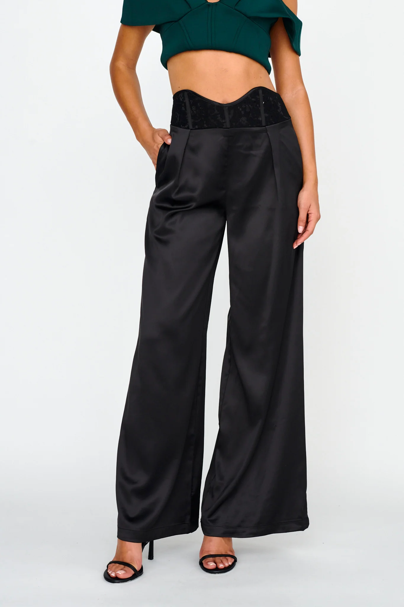 Lucky Stars Curved Waist Lace Trim Pants Black - Ruaus