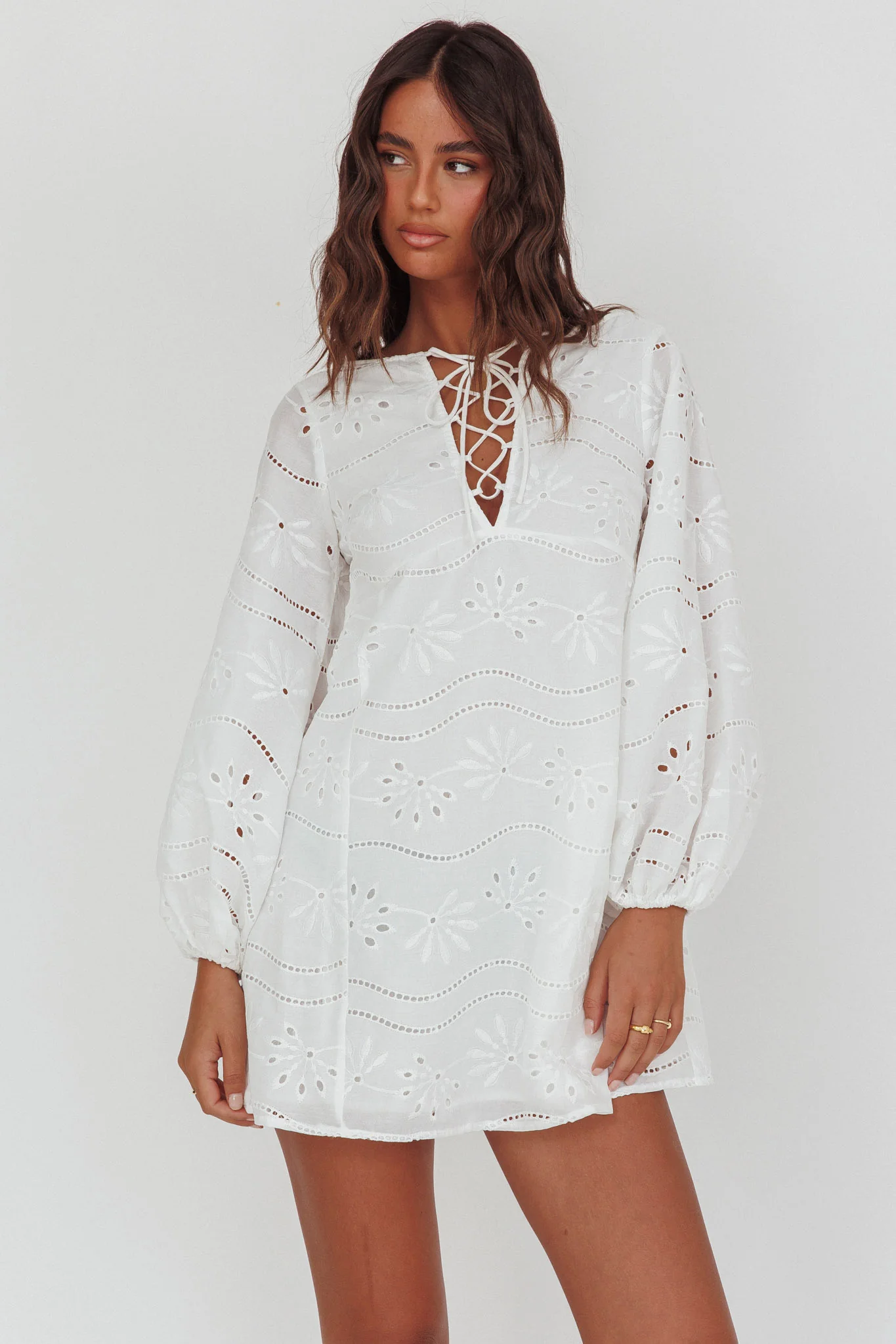 Long Weekend Eyelet Mini Dress White - Ruaus