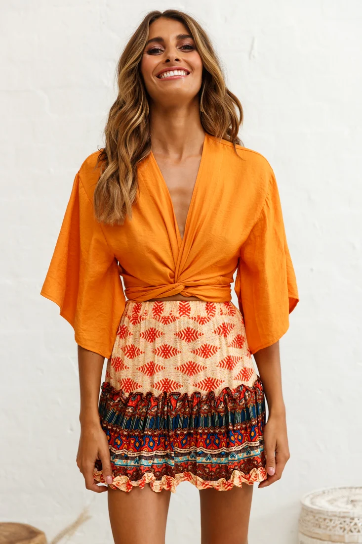 Rivera Deep V Waist Tie Top Tan - Ruaus