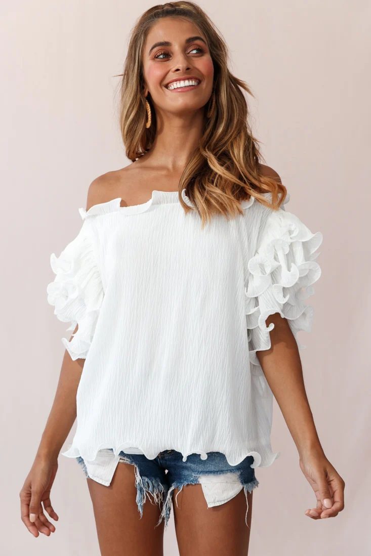 Miranda Ruffle Sleeve Top White - Ruaus
