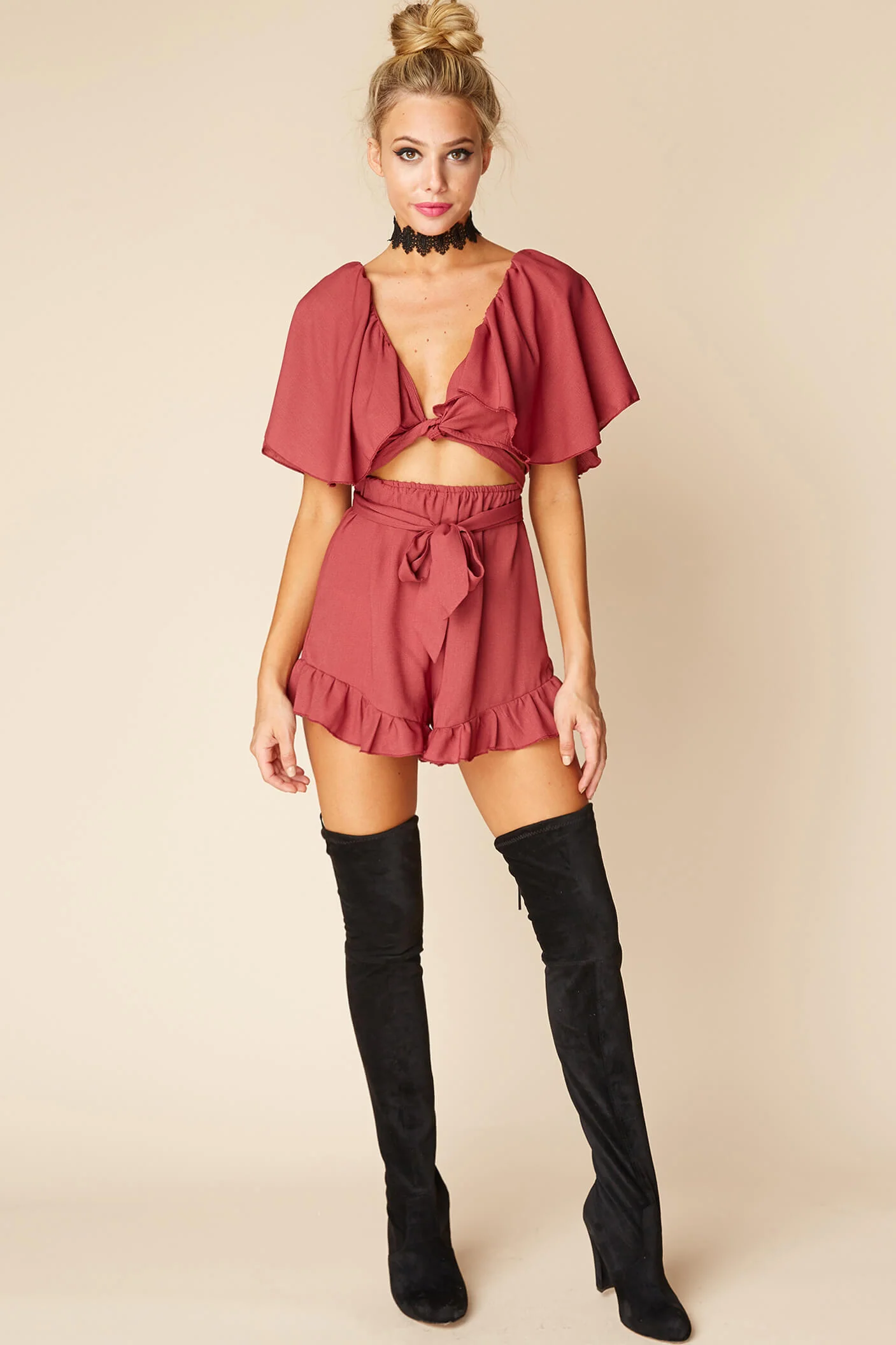 Shelly Ruffled cutout Romper Rose - Ruaus