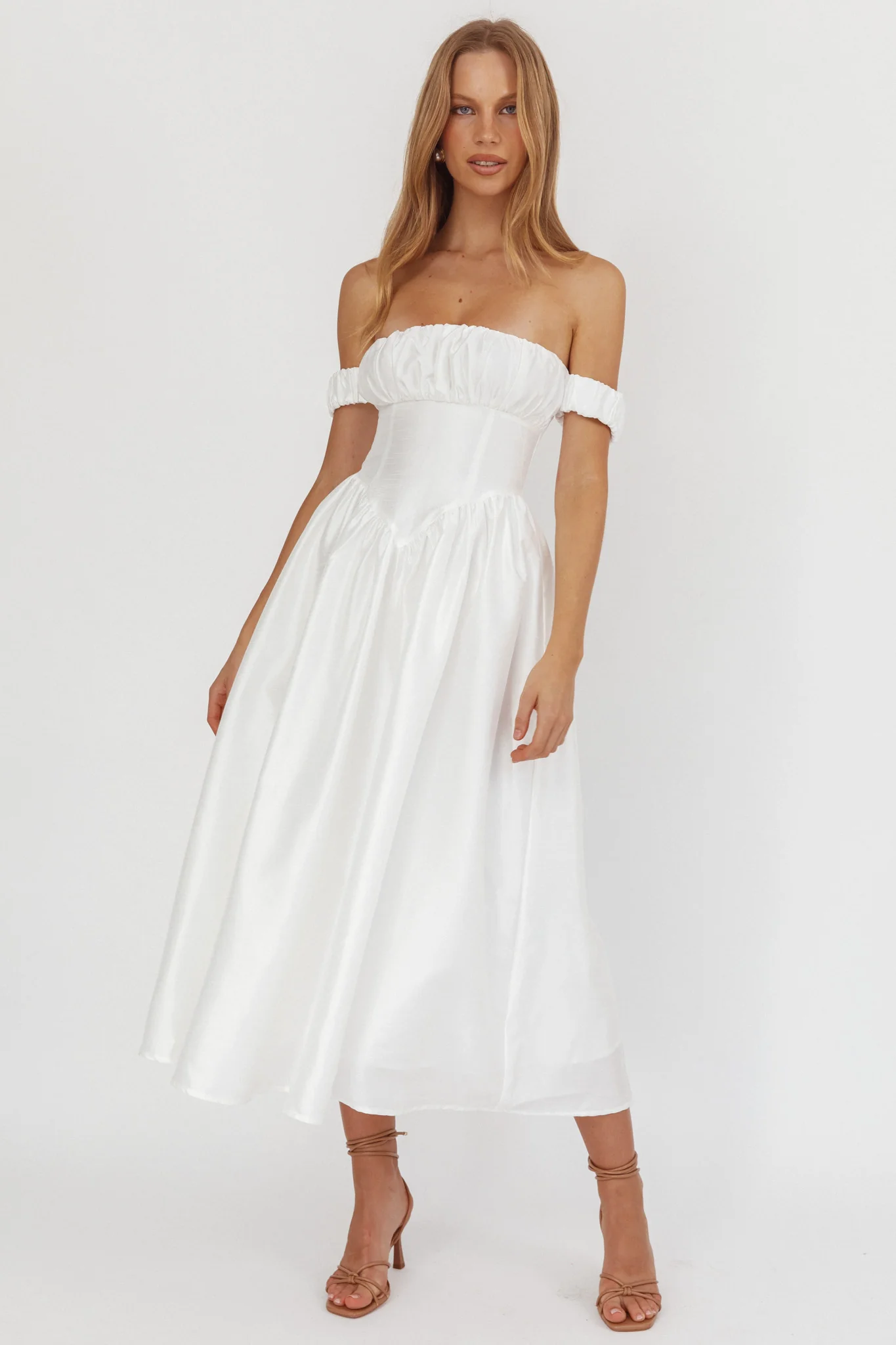 Heavens Above Off-Shoulder Basque Waist Midi Dress Ivory - Ruaus