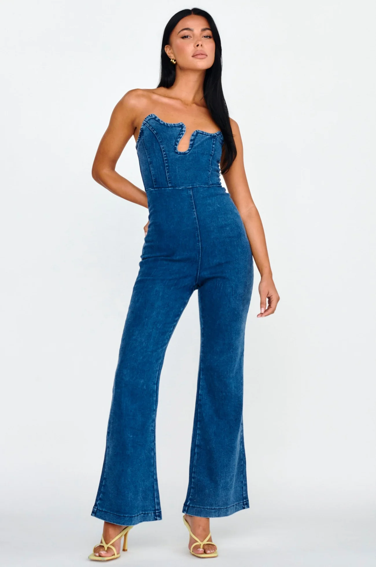 Horizon Strapless Wavy Neckline Jumpsuit Denim - Ruaus