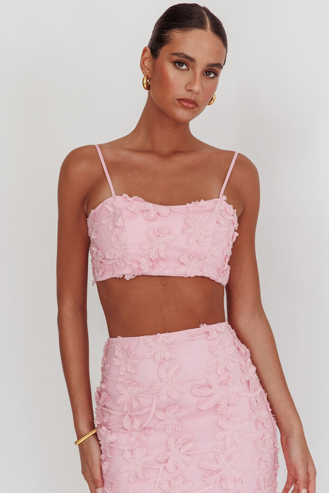 Casi Tied Back Crop Top Embroidered Baby Pink - Ruaus