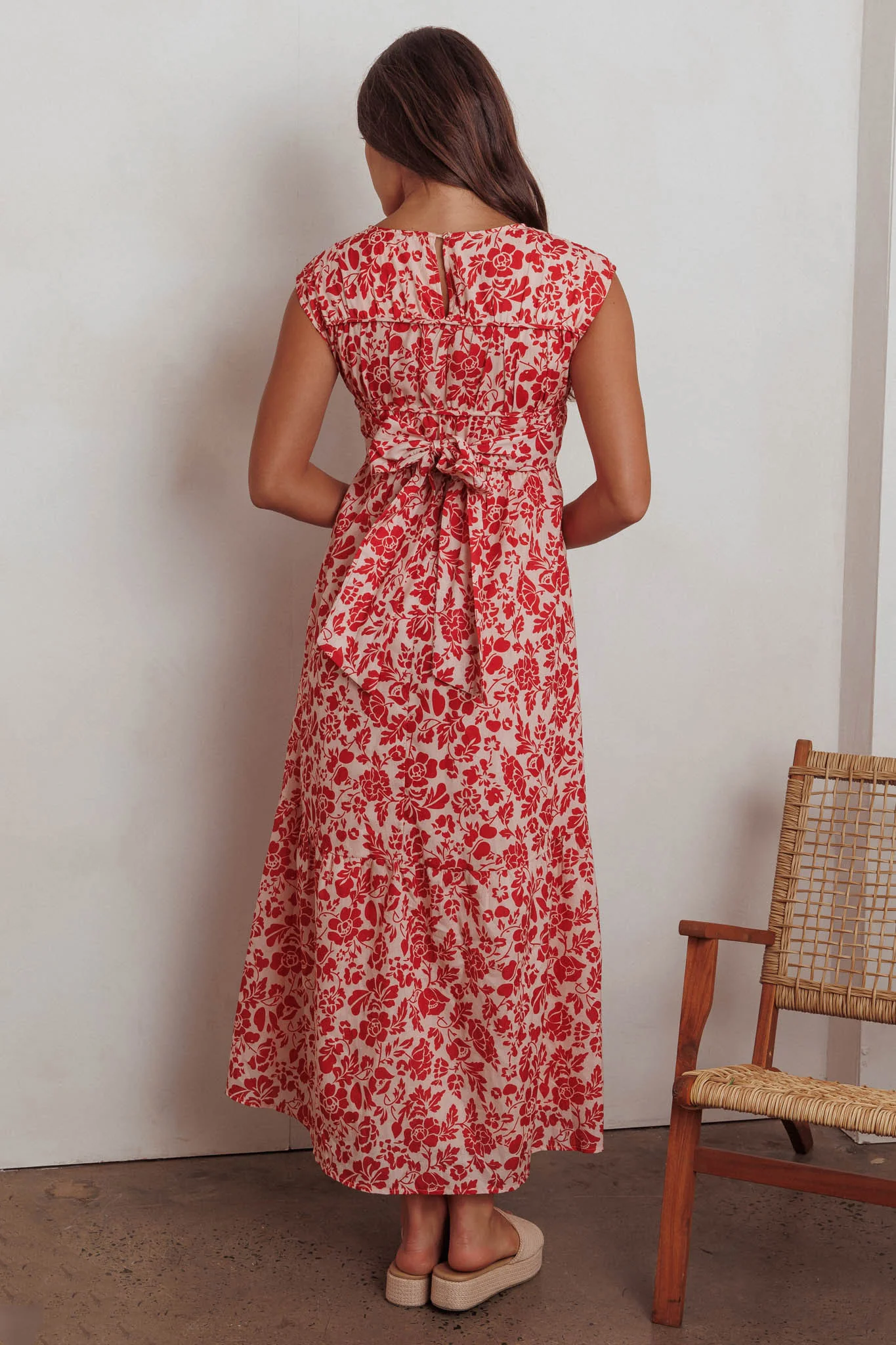 Called Out Gathered Bodice Maxi Dress Floral Red - Ruaus