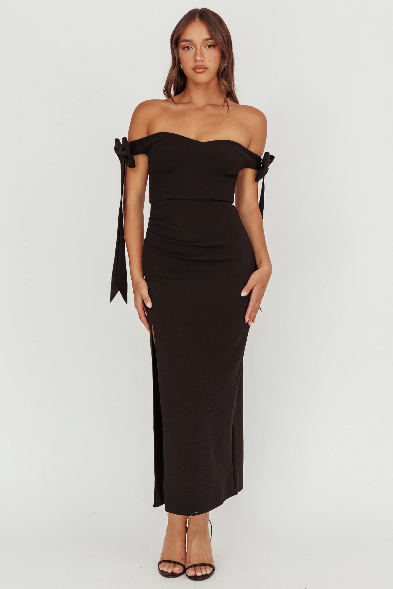 Have Faith Off-Shoulder Bow Sleeve Maxi Dress Black - Ruaus