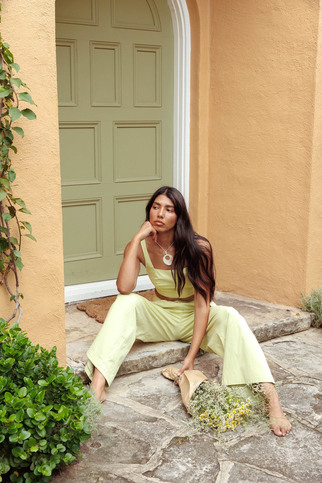 Empire Shirred Back Crop Top Sage - Ruaus