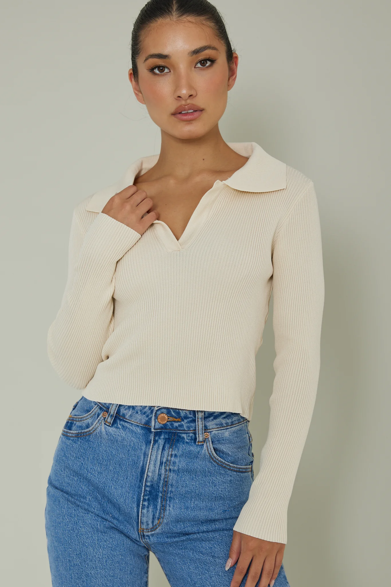 Lake Days Collared Knit Top Cream - Ruaus