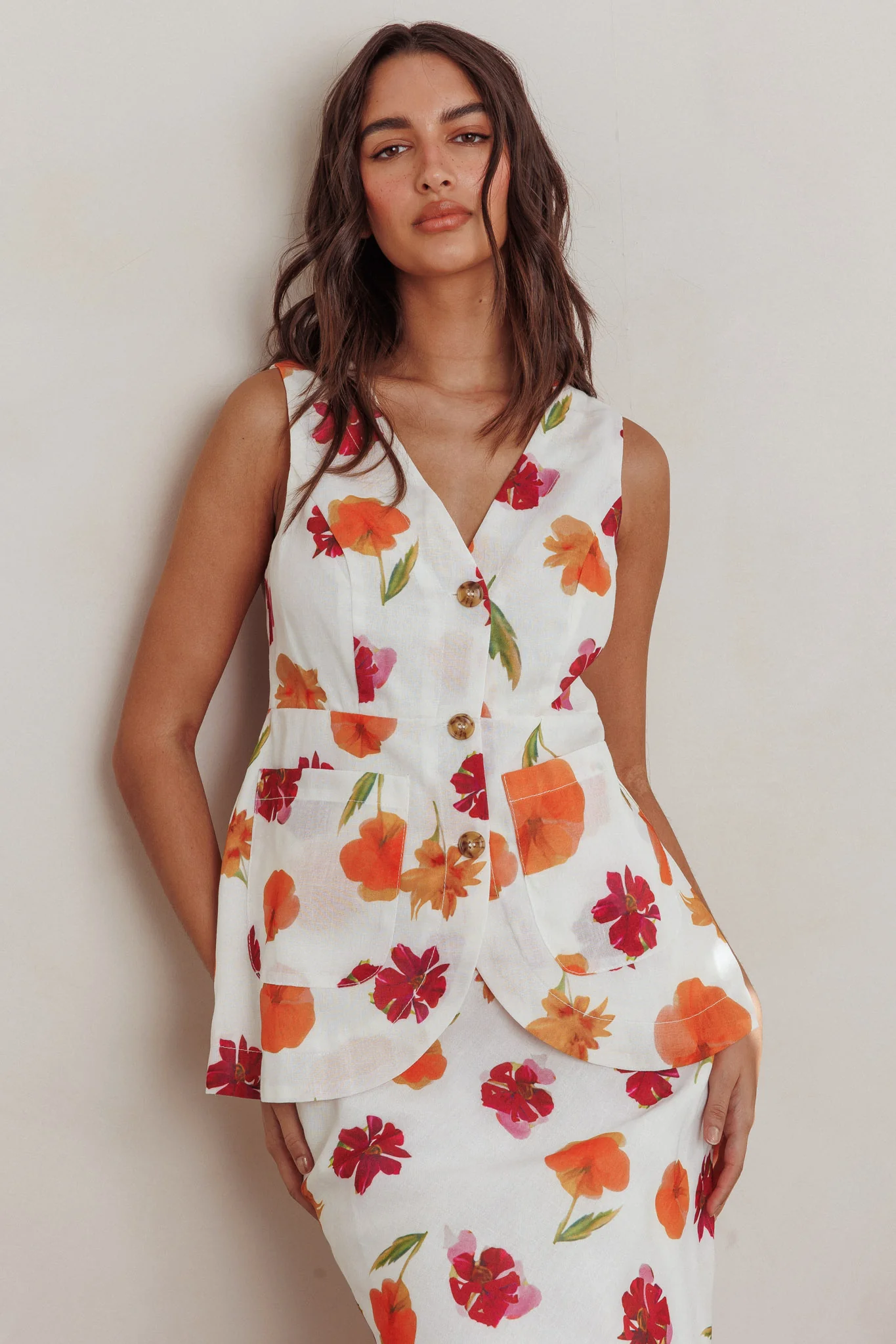 Philomena Button Front Pocket Vest Top Floral Orange Multi - Ruaus